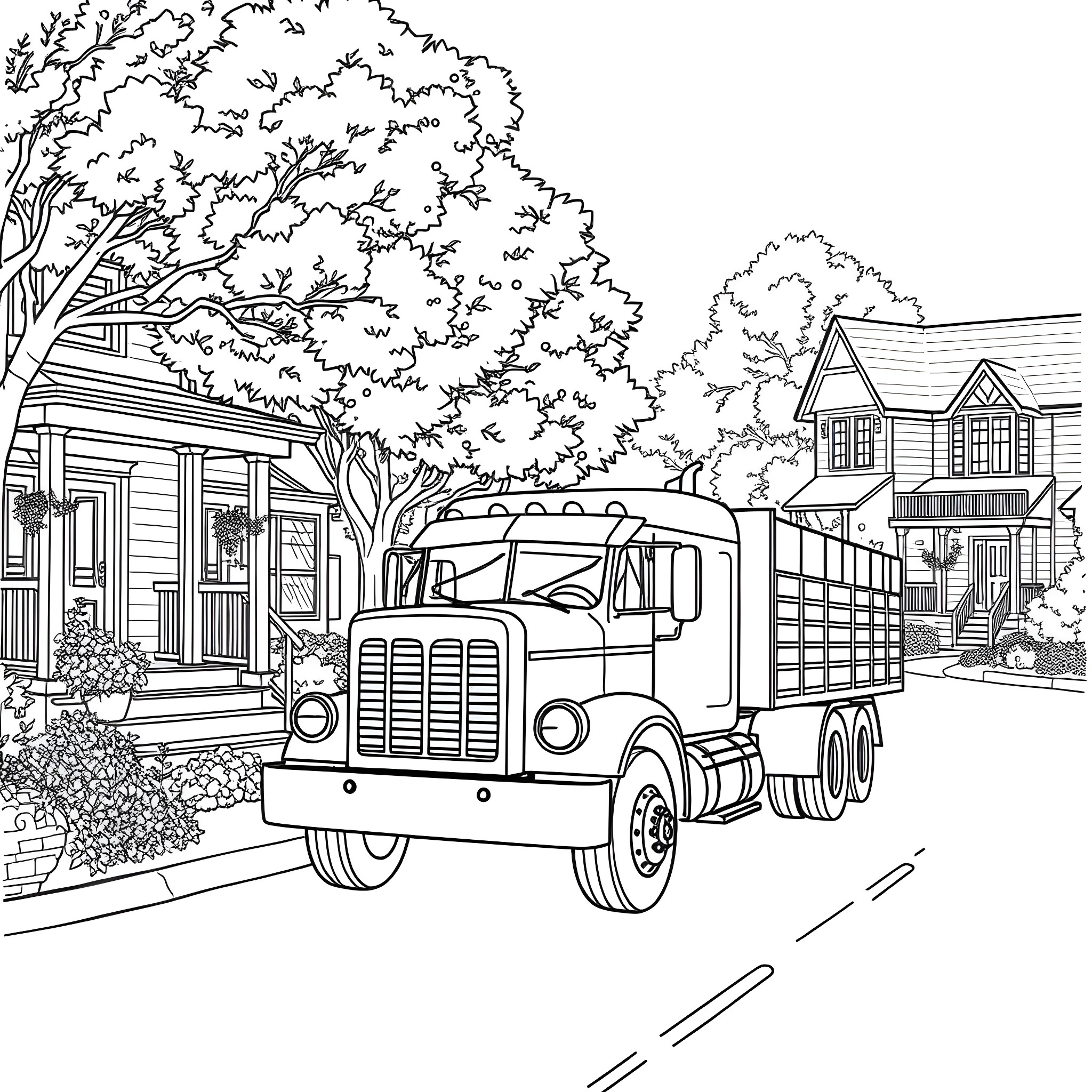 Truck hauling cargo through a suburban neighborhood Coloring Page (free black-and-white line drawing printable PDF for all, from beginners to advanced learners, including children, teens, adults, and seniors)