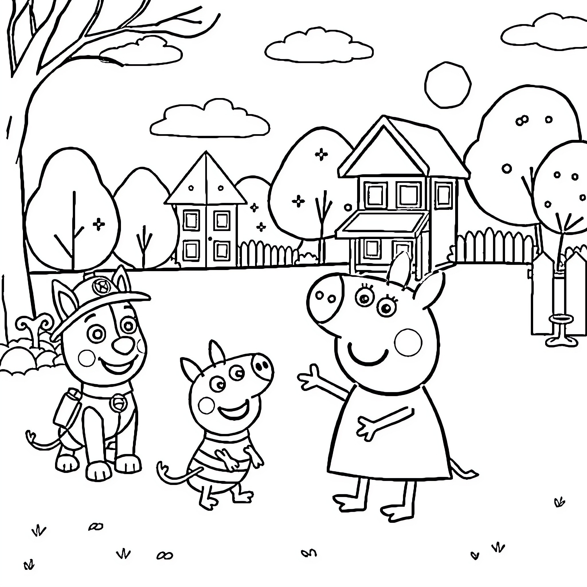 Peppa Pig and friends exploring the neighborhood Coloring Page (free black-and-white line drawing printable PDF for all, from beginners to advanced learners, including children, teens, adults, and seniors)