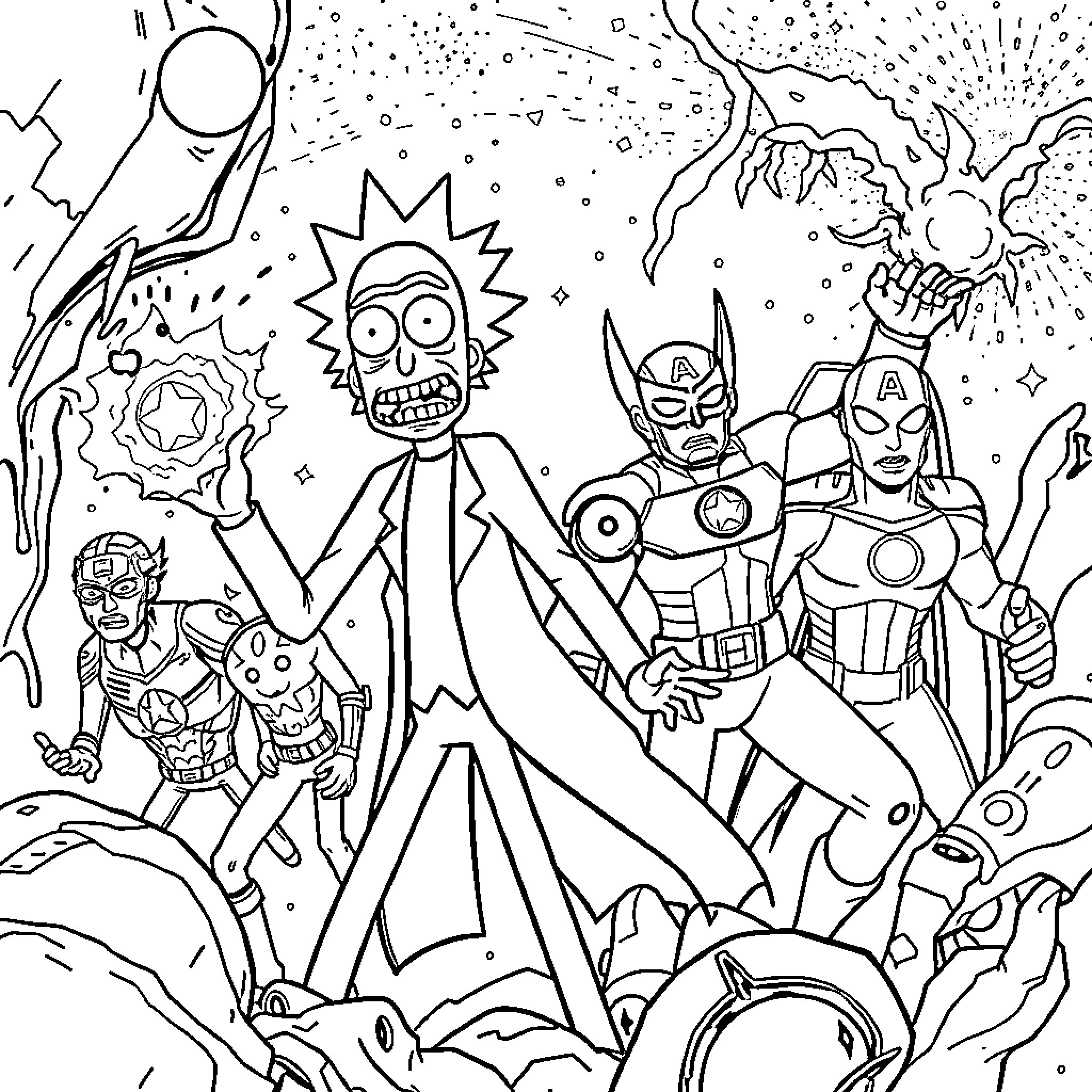 Rick And Morty Explore the Cosmic Chaos Coloring Page (free black-and-white line drawing printable PDF for all, from beginners to advanced learners, including children, teens, adults, and seniors)
