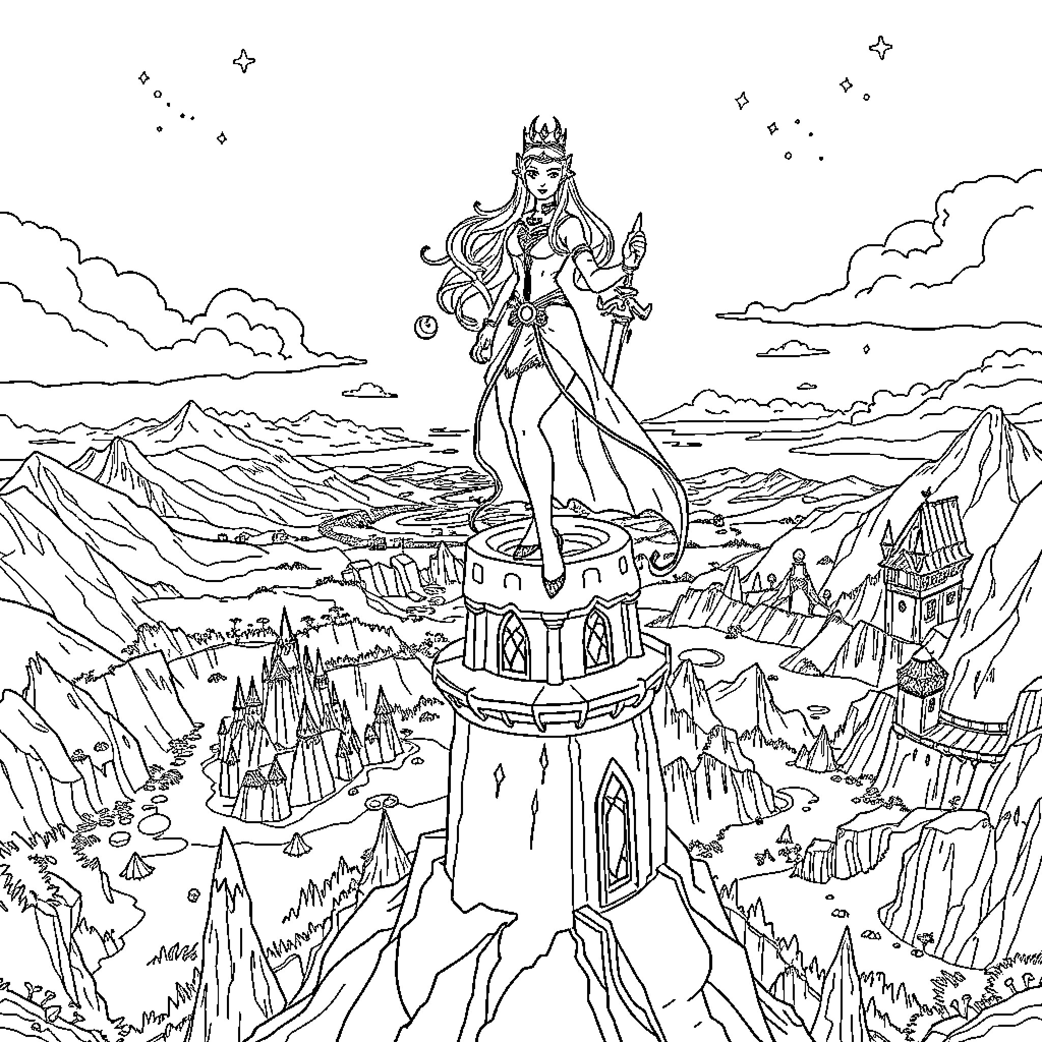 Nerissa, the Warrior Princess, Standing Tall on a Mystical Castle Coloring Page (free black-and-white line drawing printable PDF for all, from beginners to advanced learners, including children, teens, adults, and seniors)