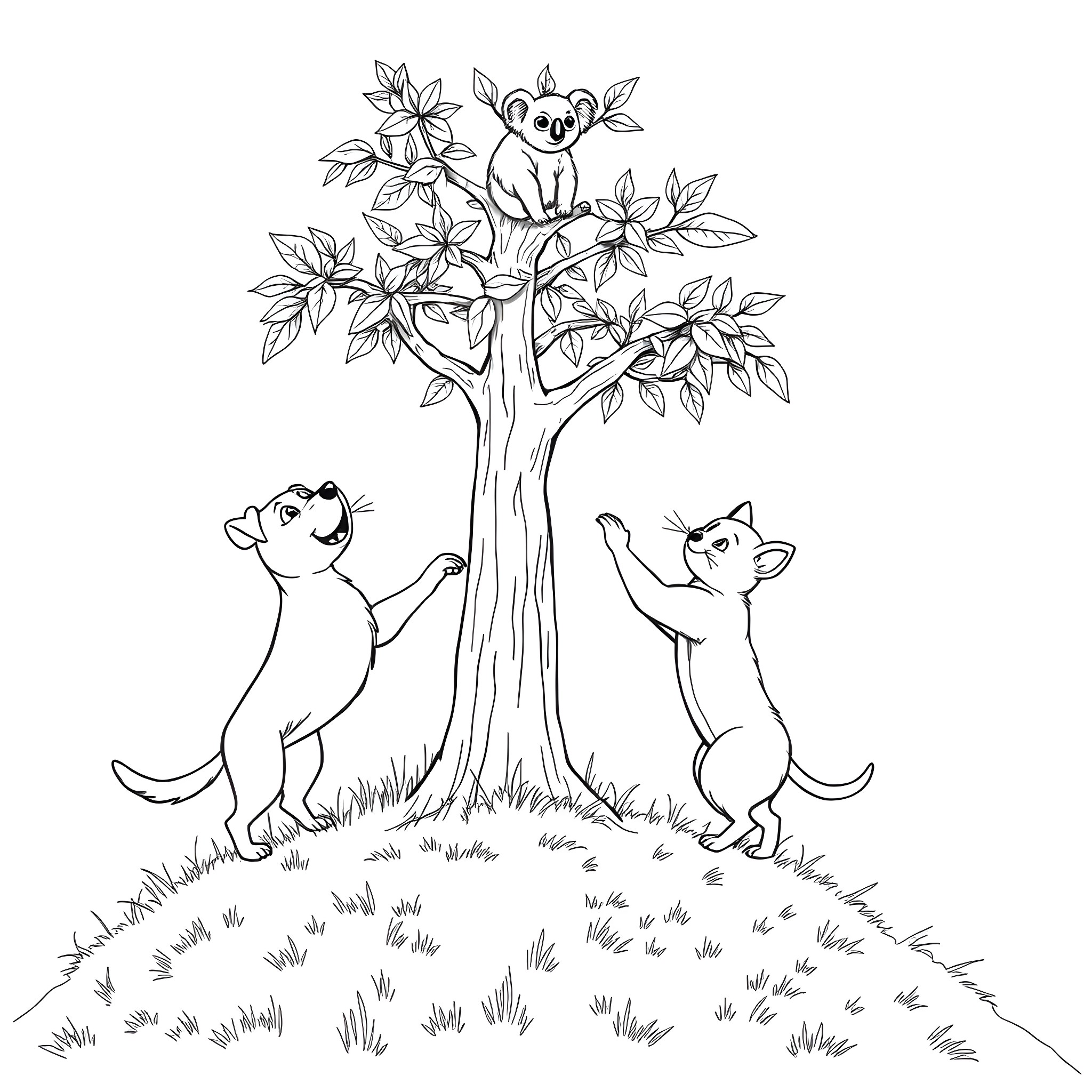Dog friends playing in the tree Coloring Page (free black-and-white line drawing printable PDF for all, from beginners to advanced learners, including children, teens, adults, and seniors)