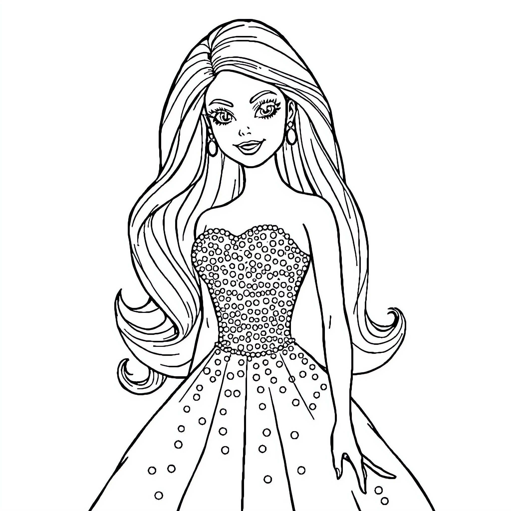 Barbie posing in a stylish dress Coloring Page (free black-and-white line drawing printable PDF for all, from beginners to advanced learners, including children, teens, adults, and seniors)