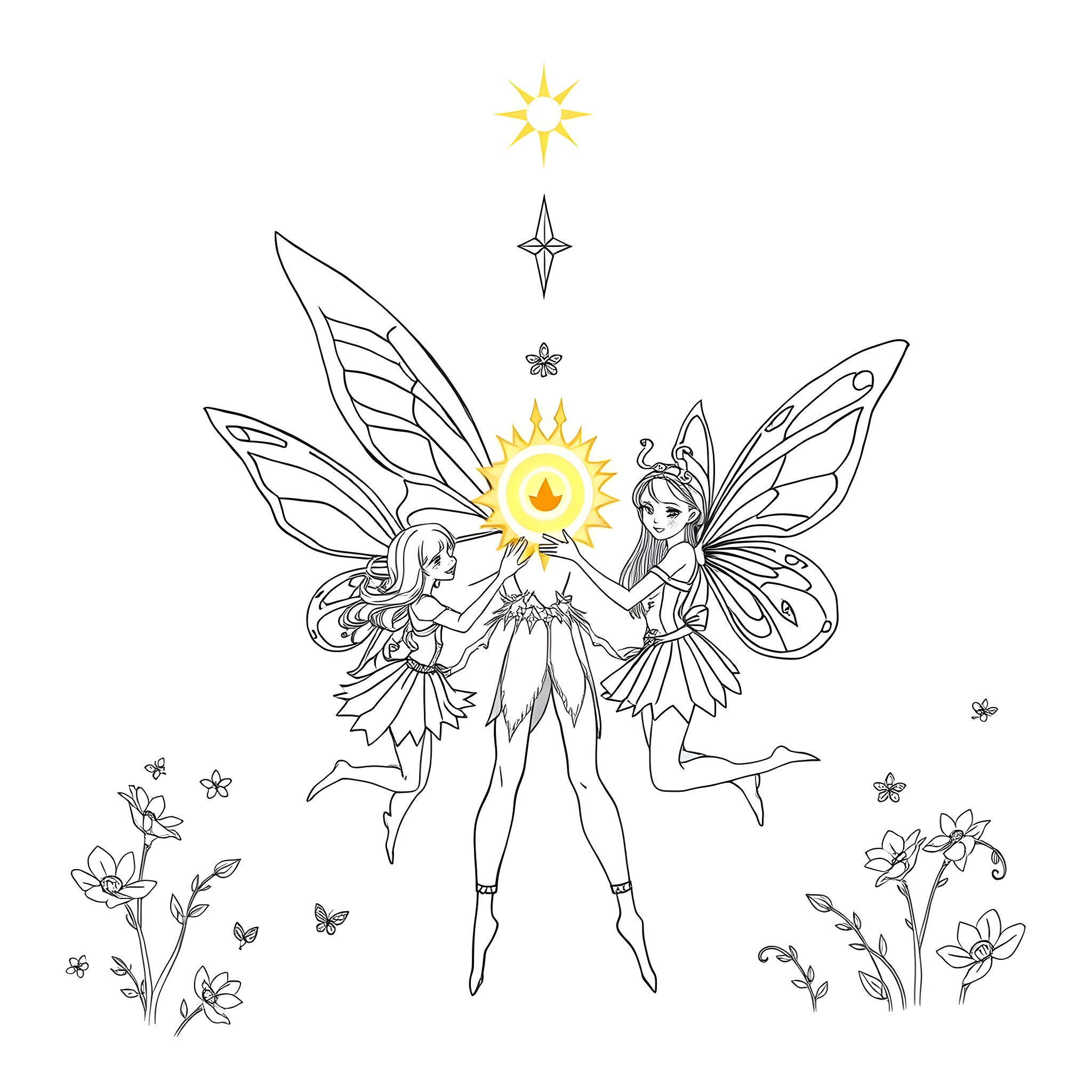 Fairy Princesses Dancing in Enchanted Forest Coloring Page (free black-and-white line drawing printable PDF for all, from beginners to advanced learners, including children, teens, adults, and seniors)
