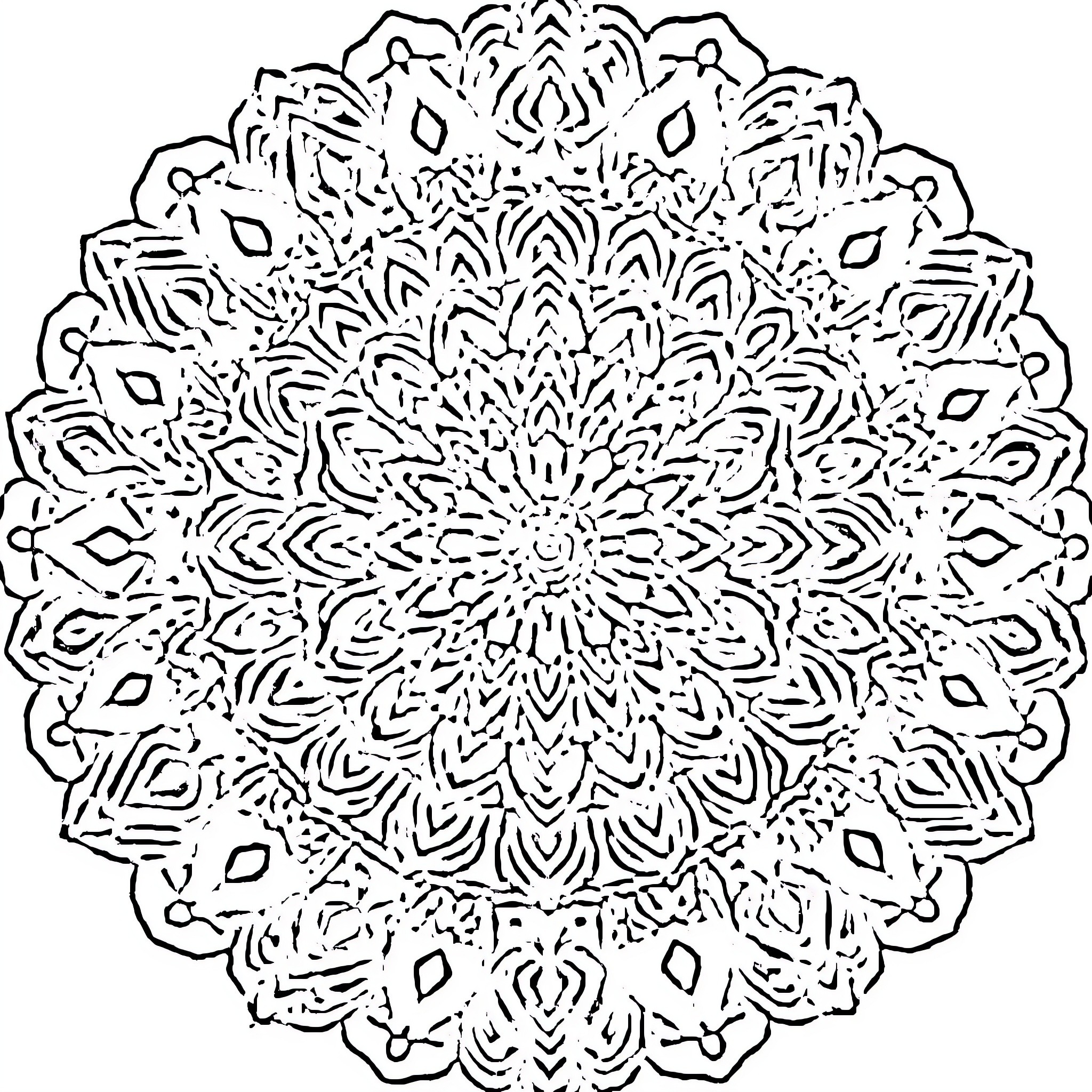Mandala of intricate floral patterns Coloring Page (free black-and-white line drawing printable PDF for all, from beginners to advanced learners, including children, teens, adults, and seniors)