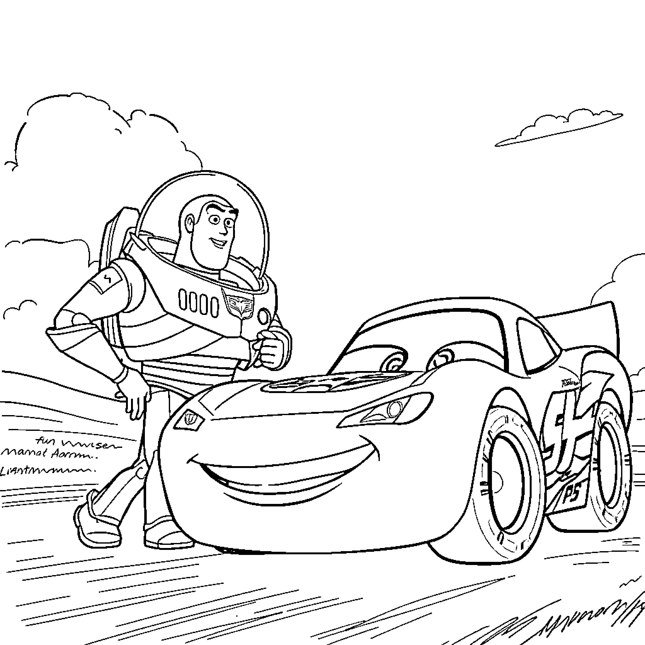 Lightning McQueen racing with Buzz Lightyear Coloring Page (free black-and-white line drawing printable PDF for all, from beginners to advanced learners, including children, teens, adults, and seniors)