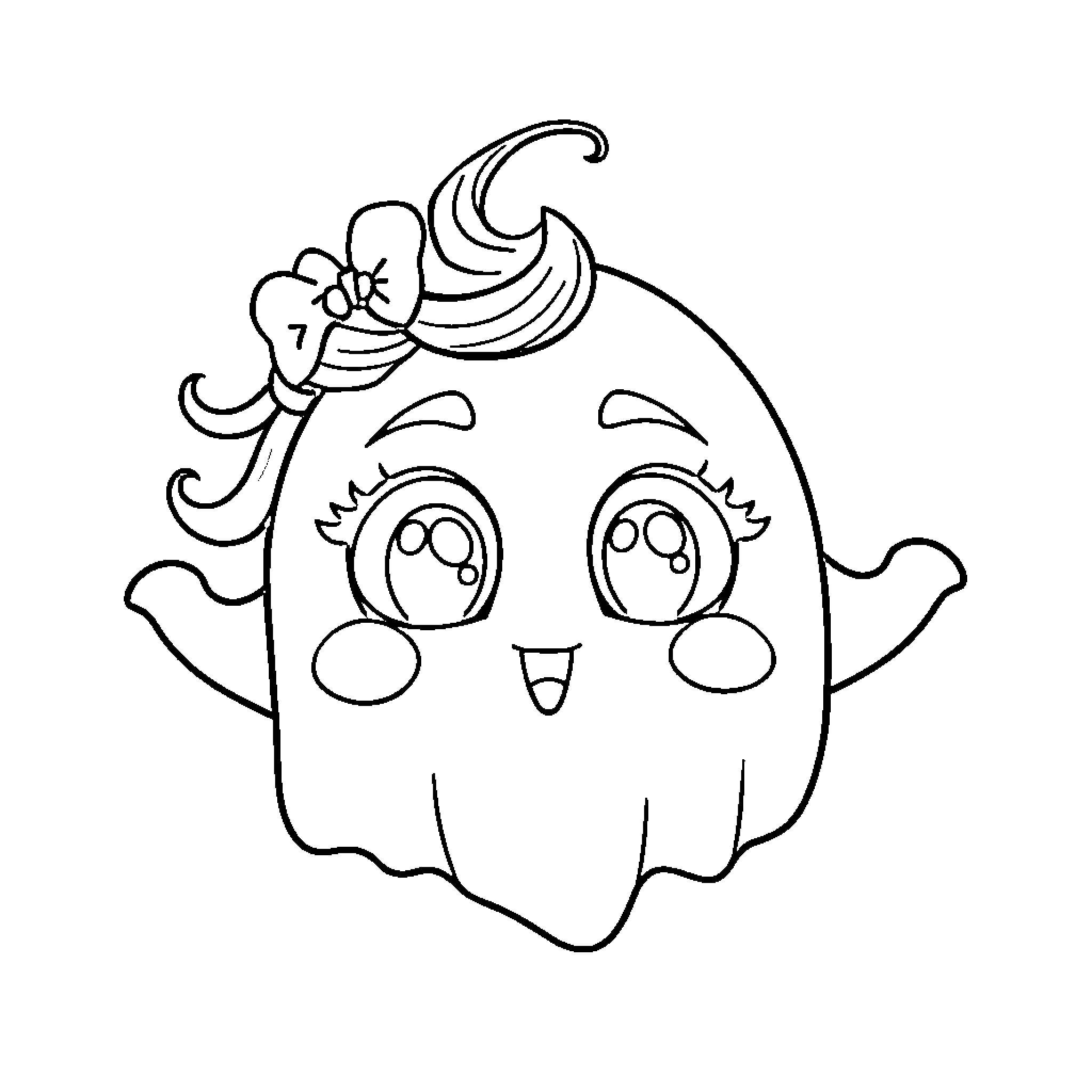 Ghost with Playful Expression and Bow Coloring Page (free black-and-white line drawing printable PDF for all, from beginners to advanced learners, including children, teens, adults, and seniors)