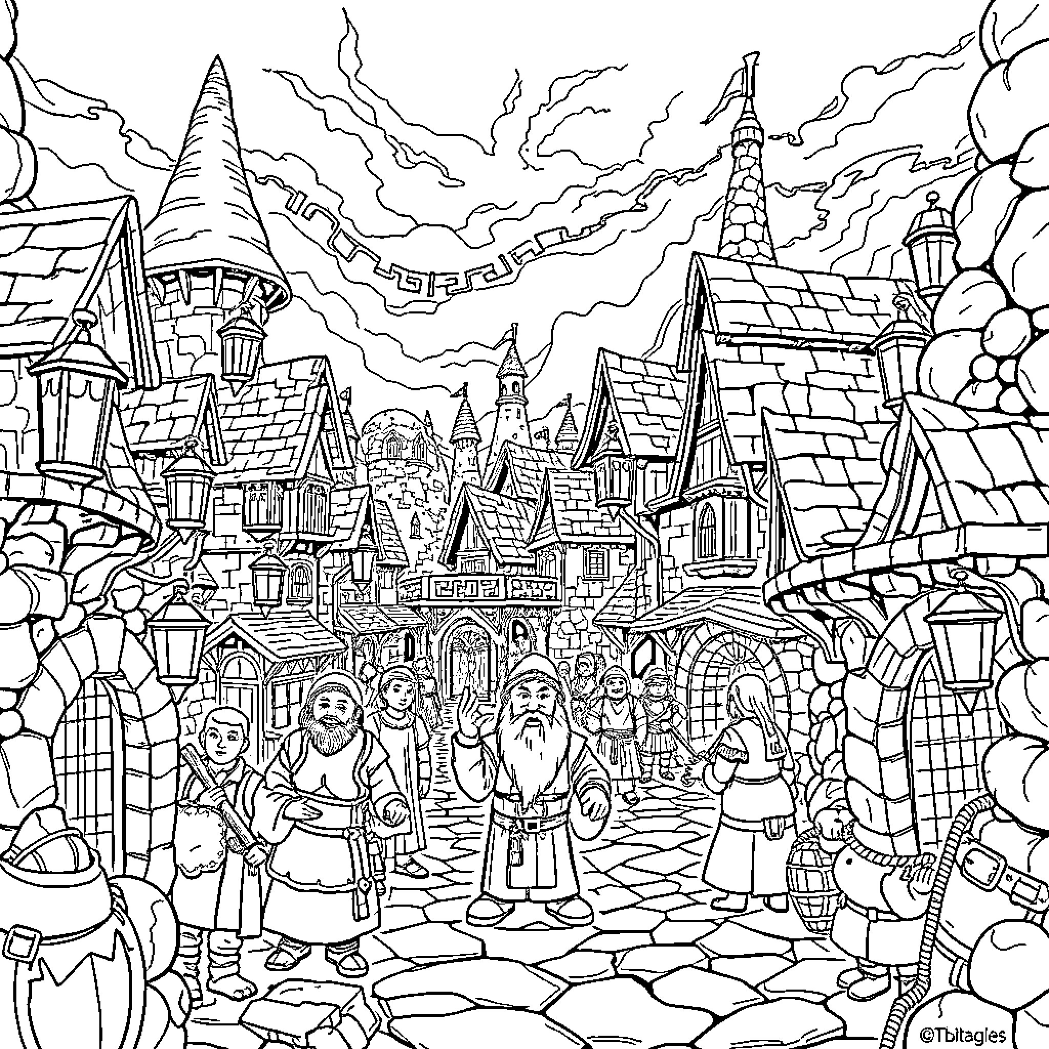 Dwarf Crowded Village with Fantastical Architecture Coloring Page (free black-and-white line drawing printable PDF for all, from beginners to advanced learners, including children, teens, adults, and seniors)