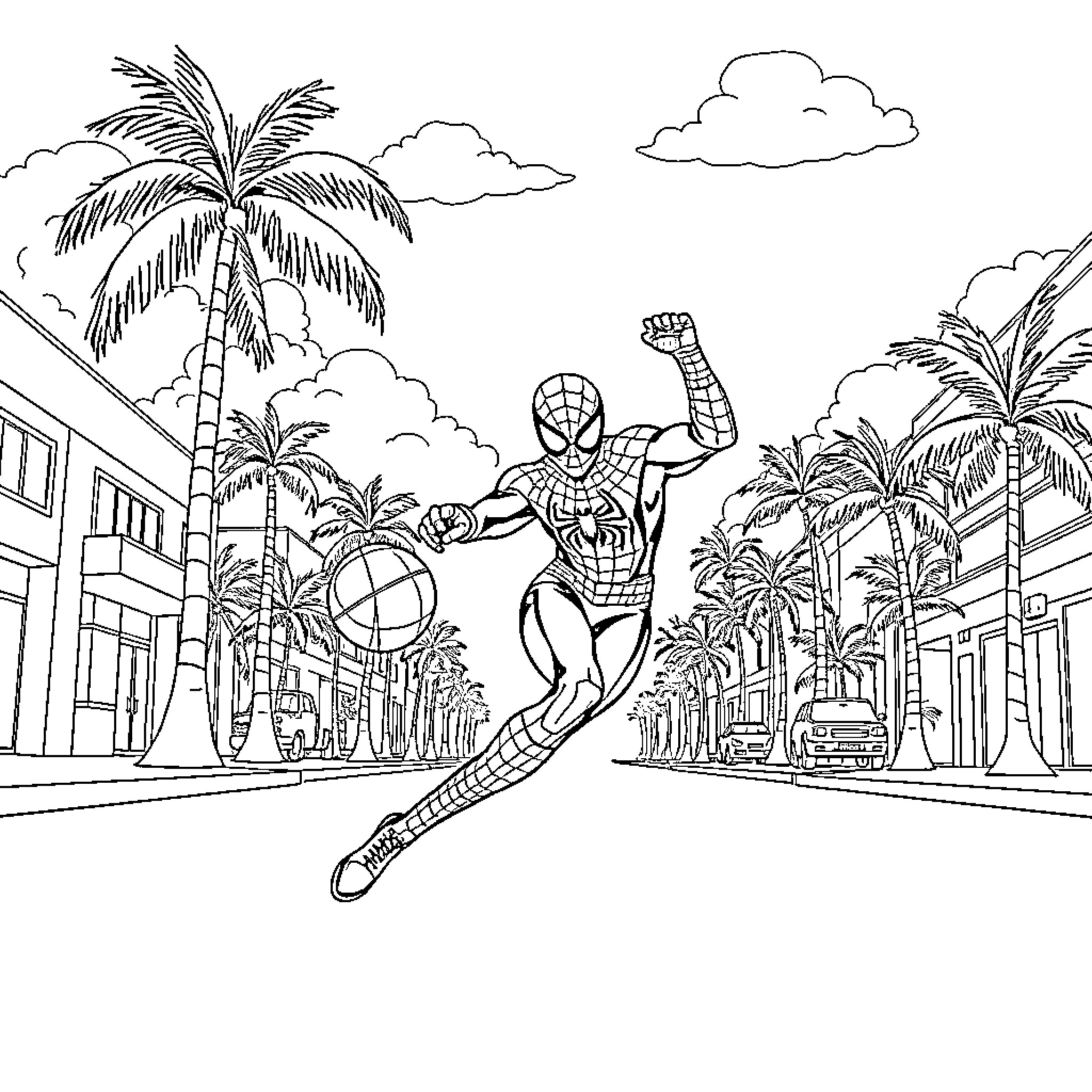 Spiderman swinging through a tropical city Coloring Page (free black-and-white line drawing printable PDF for all, from beginners to advanced learners, including children, teens, adults, and seniors)