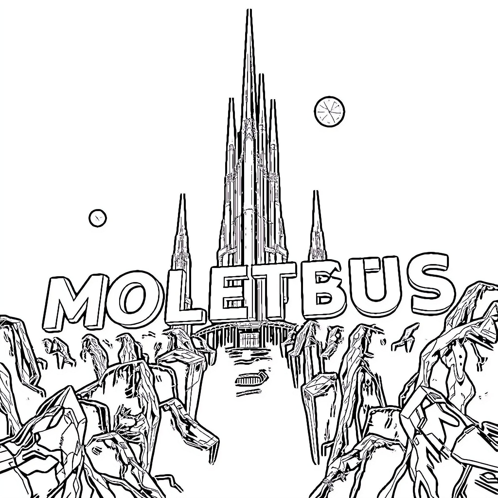 Megastructure with fantastical landscape and lettering Coloring Page (free black-and-white line drawing printable PDF for all, from beginners to advanced learners, including children, teens, adults, and seniors)