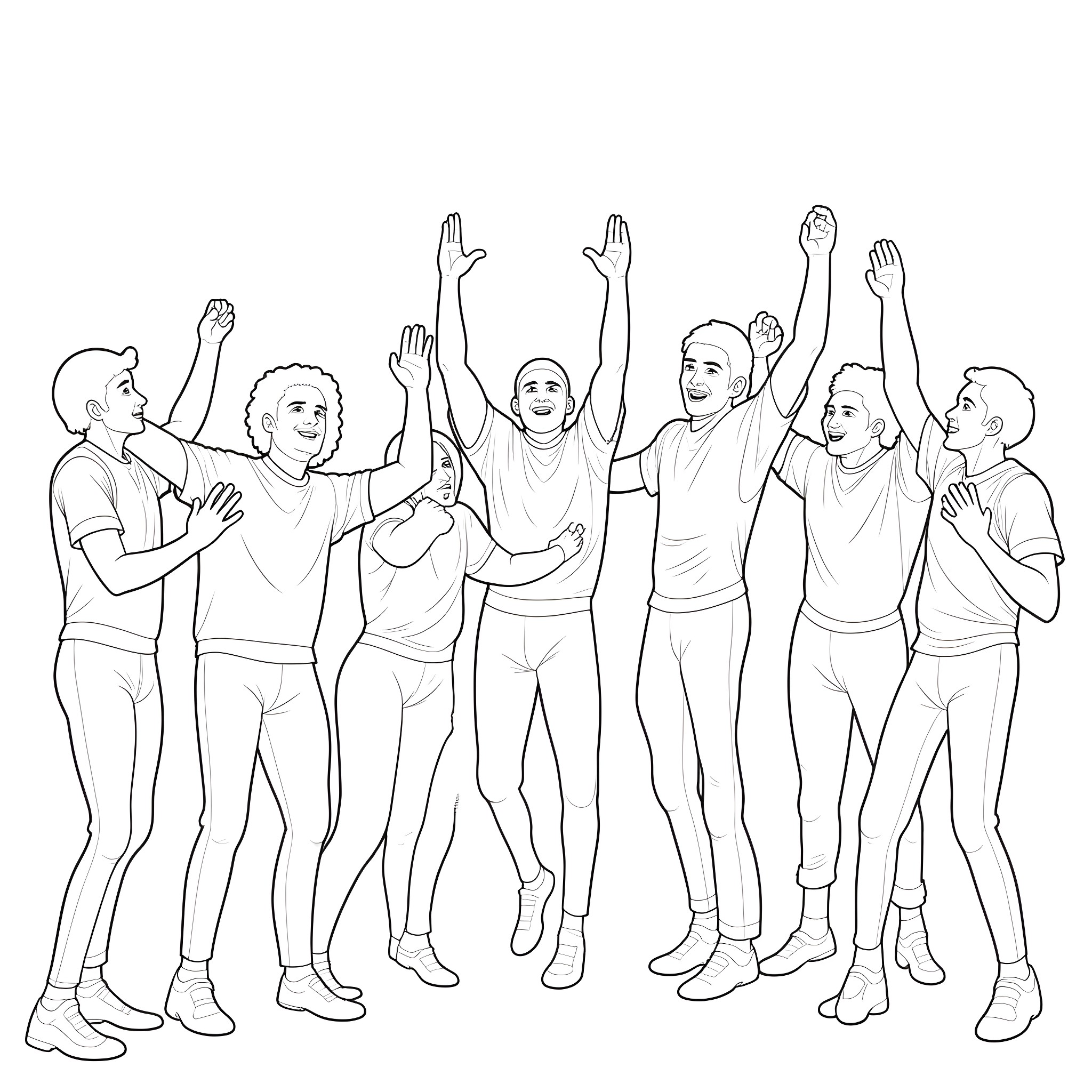 Cowboy group of friends celebrating together Coloring Page (free black-and-white line drawing printable PDF for all, from beginners to advanced learners, including children, teens, adults, and seniors)