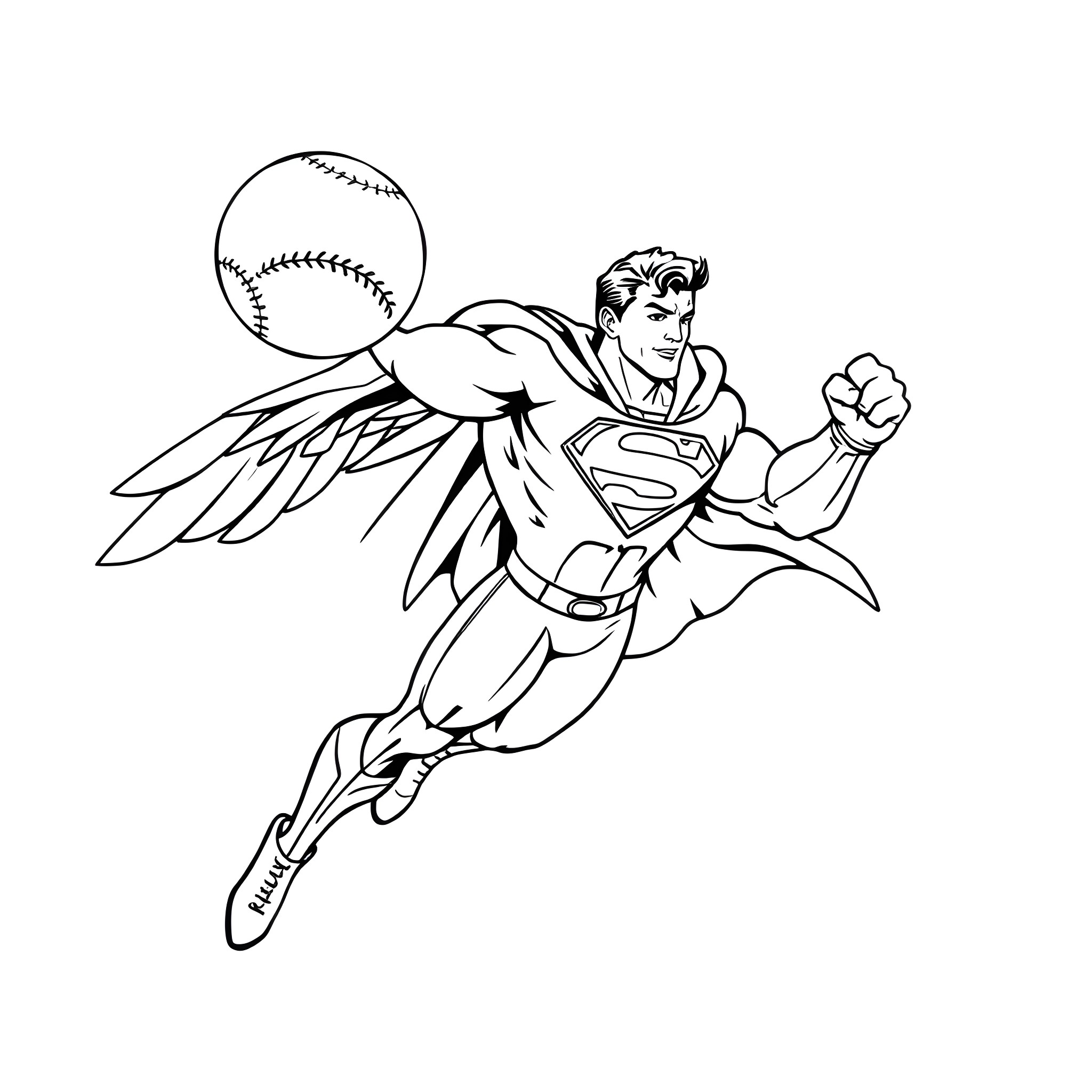Baseball superhero flying with ball Coloring Page (free black-and-white line drawing printable PDF for all, from beginners to advanced learners, including children, teens, adults, and seniors)
