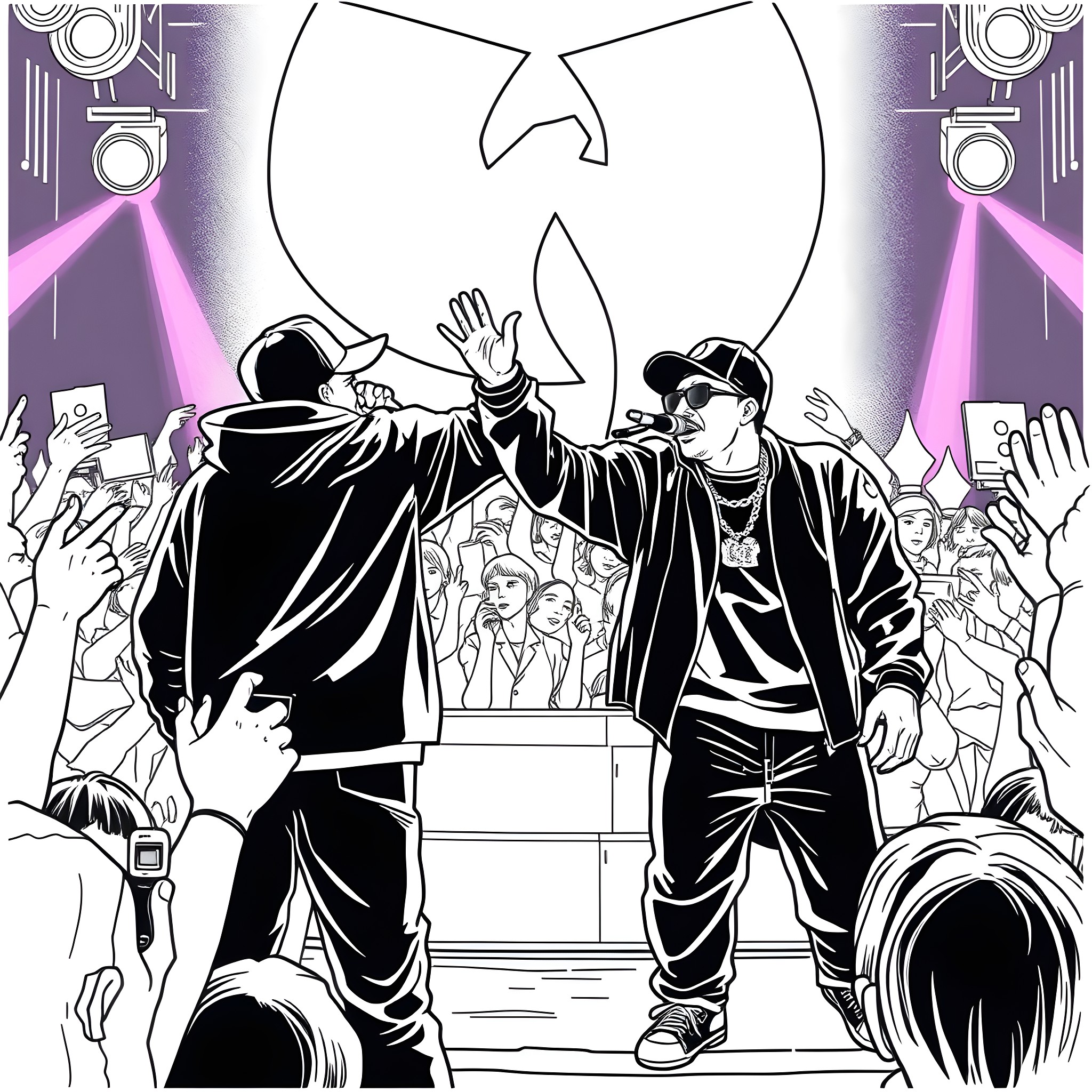 Photographers capturing a hip-hop performance on stage Coloring Page (free black-and-white line drawing printable PDF for all, from beginners to advanced learners, including children, teens, adults, and seniors)