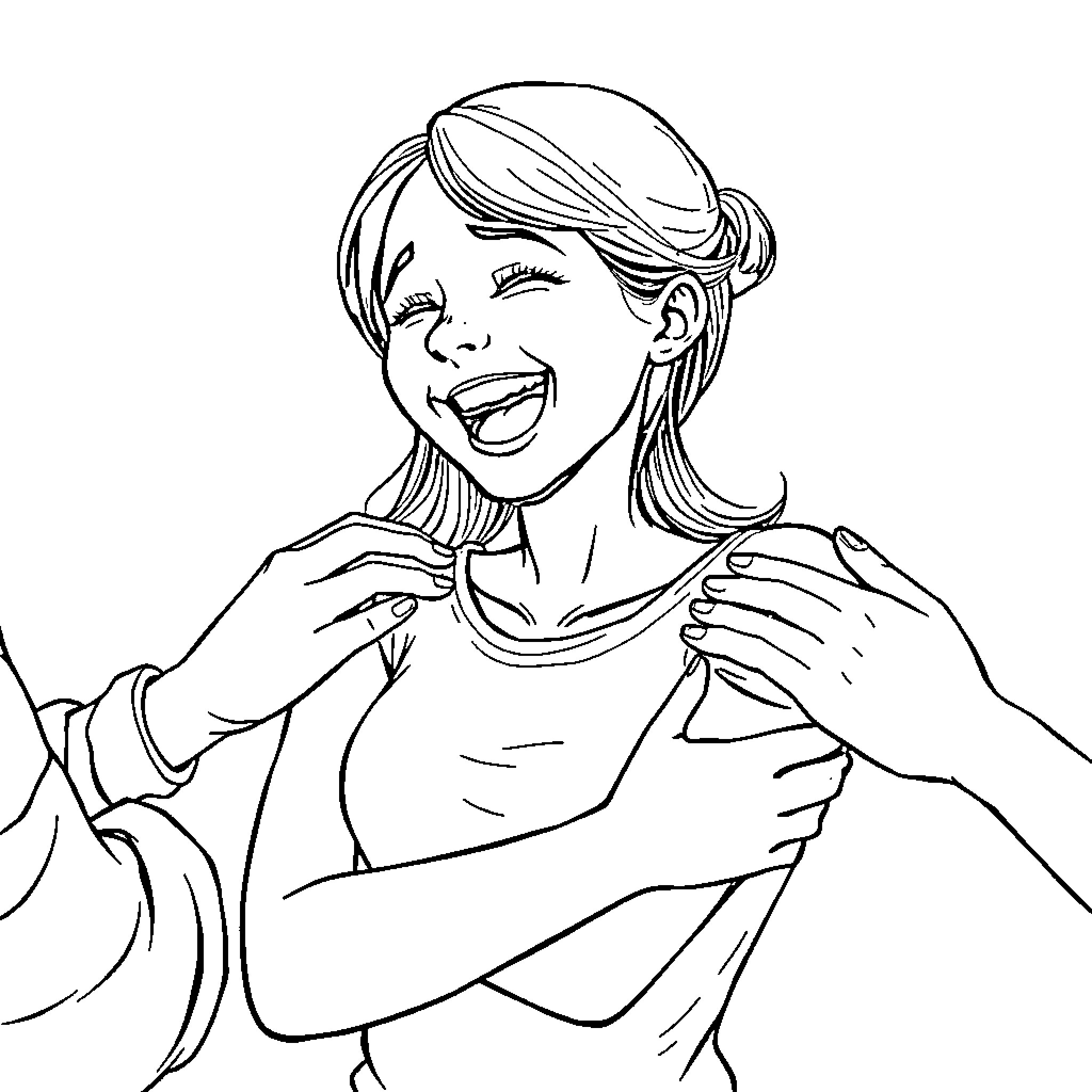 Girl laughing joyfully in casual clothing Coloring Page (free black-and-white line drawing printable PDF for all, from beginners to advanced learners, including children, teens, adults, and seniors)