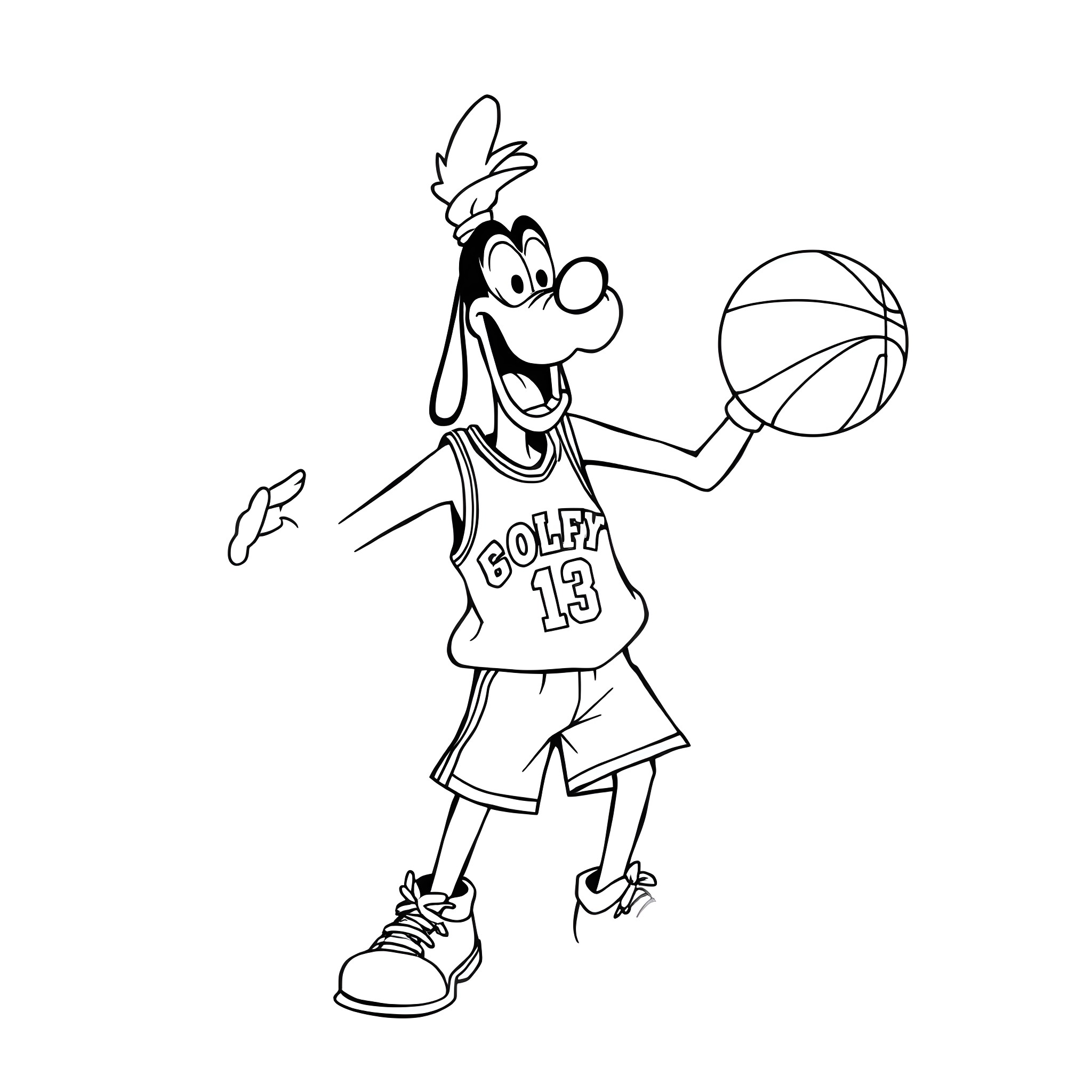 Goofy basketball player in silly pose Coloring Page (free black-and-white line drawing printable PDF for all, from beginners to advanced learners, including children, teens, adults, and seniors)