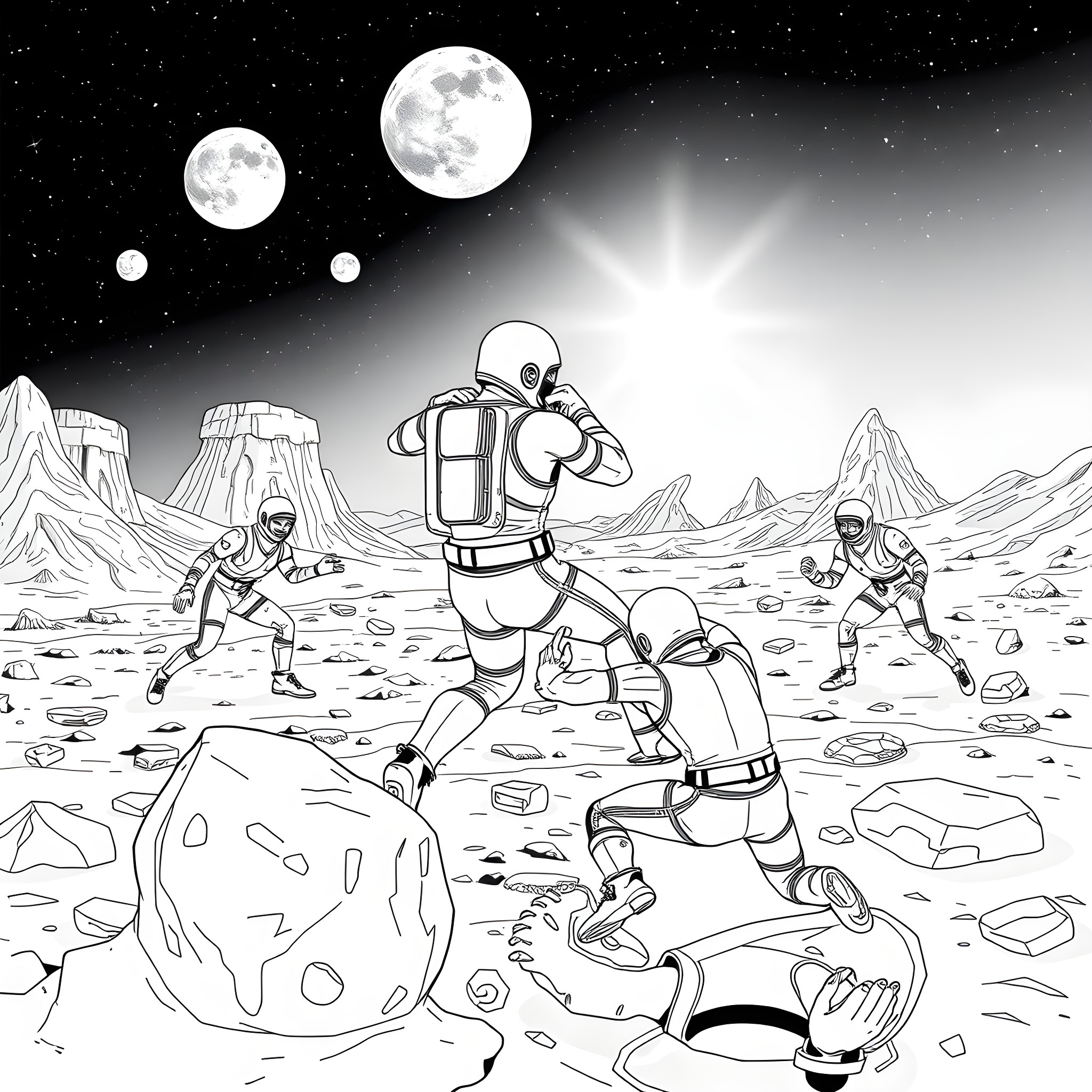 Wrestling with Alien Astronauts on Otherworldly Landscape Coloring Page (free black-and-white line drawing printable PDF for all, from beginners to advanced learners, including children, teens, adults, and seniors)