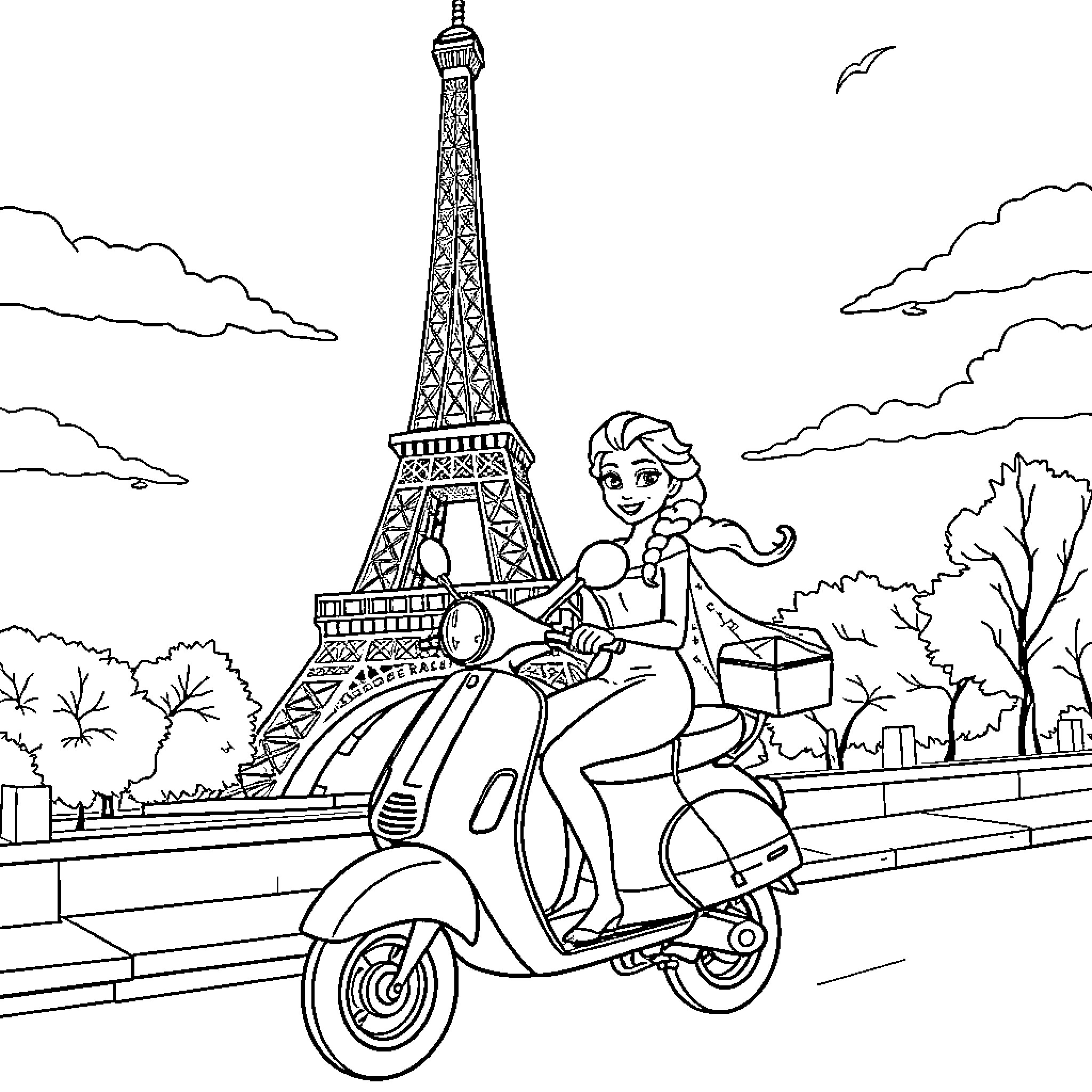 Elsa's Parisian Adventure on a Scooter Coloring Page (free black-and-white line drawing printable PDF for all, from beginners to advanced learners, including children, teens, adults, and seniors)