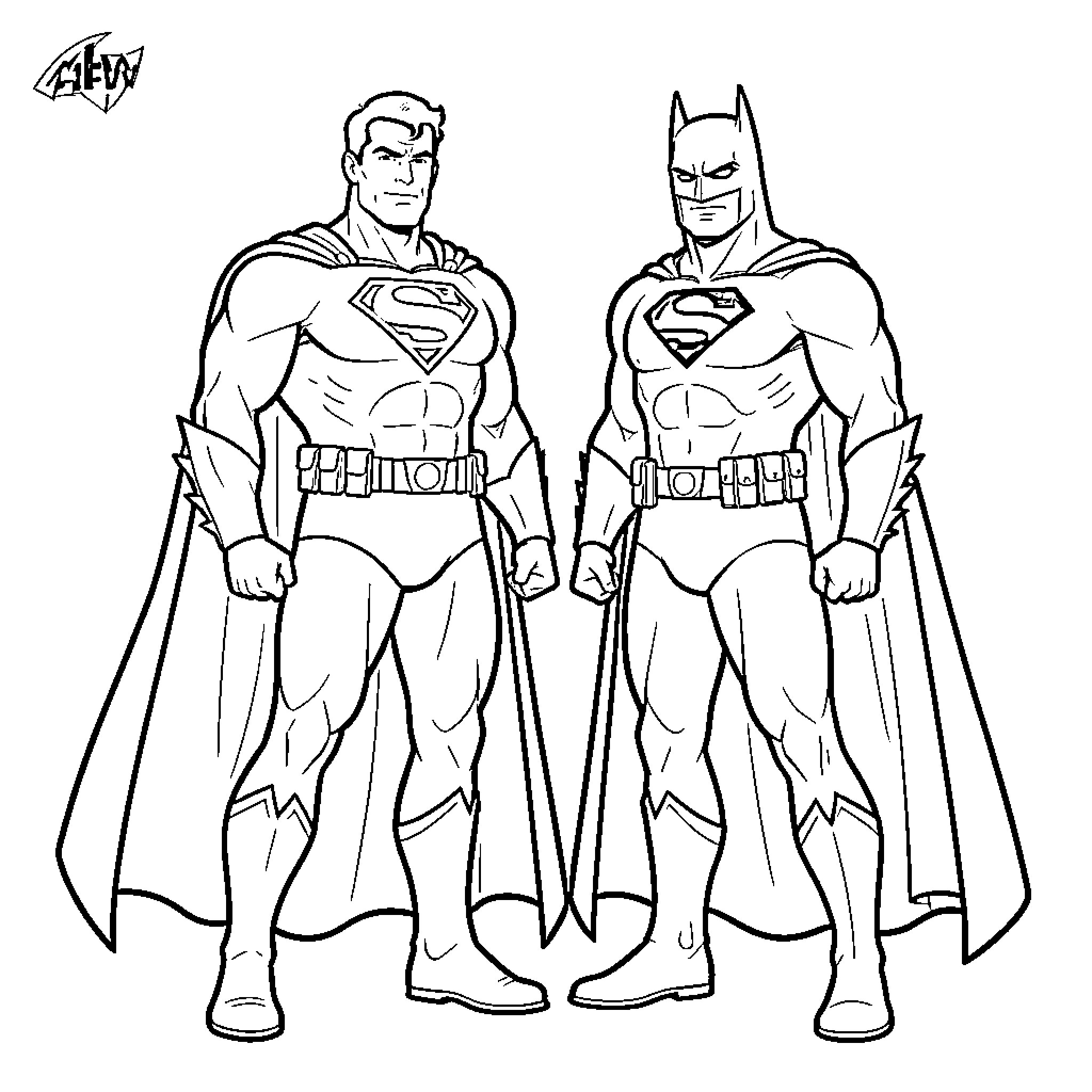 Superman and Batman standing heroically in superhero costumes Coloring Page (free black-and-white line drawing printable PDF for all, from beginners to advanced learners, including children, teens, adults, and seniors)