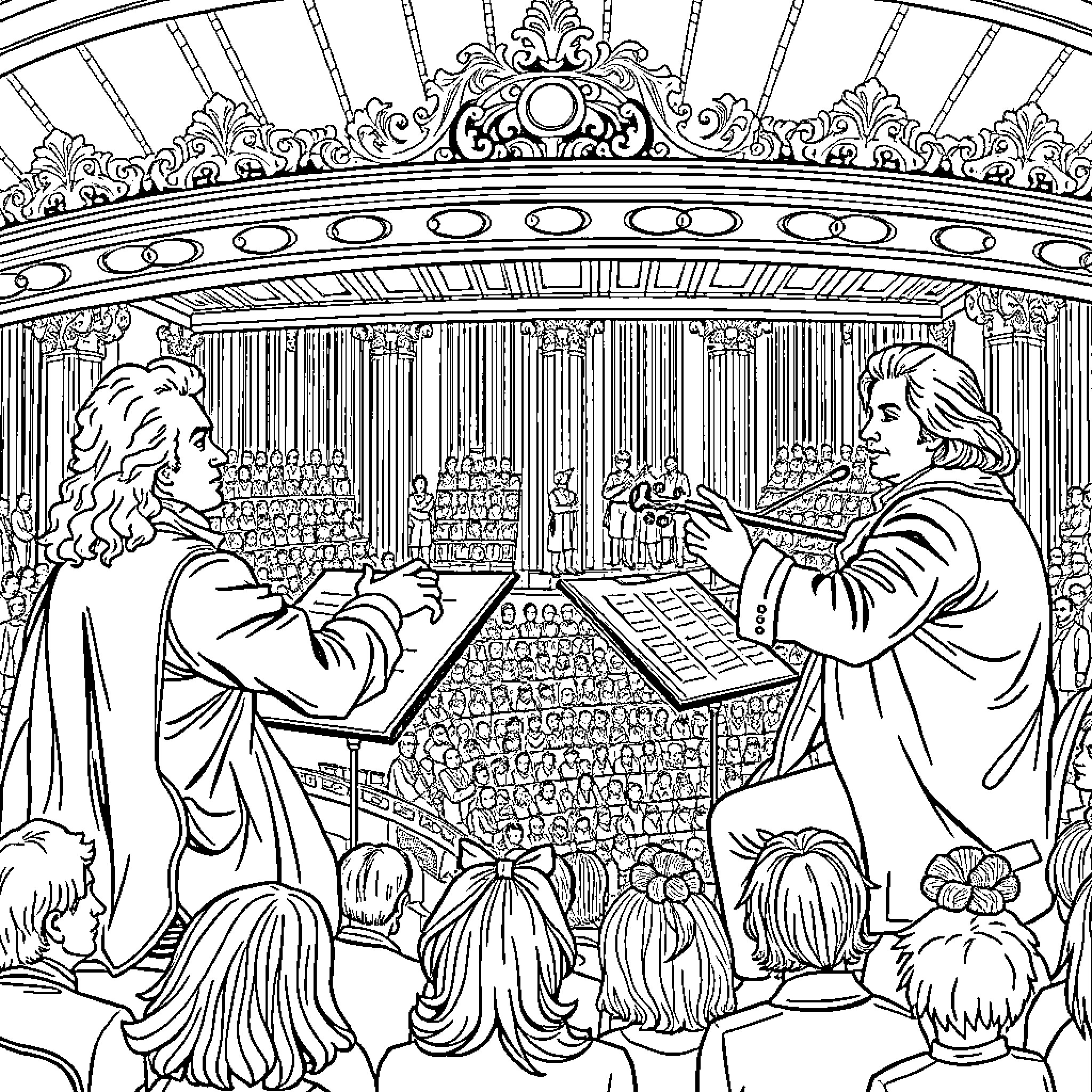 Mozart's Composers Performing on Stage Coloring Page (free black-and-white line drawing printable PDF for all, from beginners to advanced learners, including children, teens, adults, and seniors)
