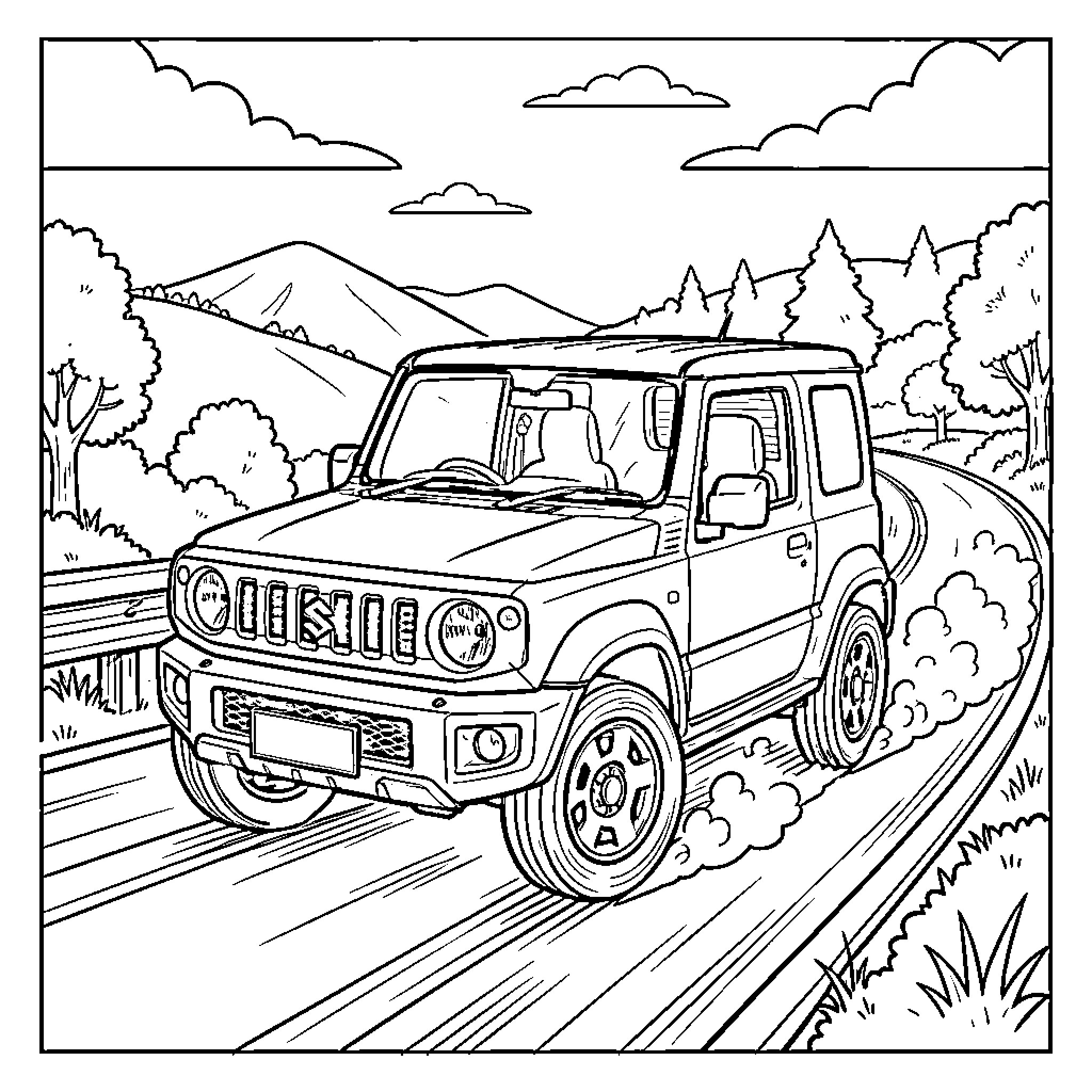 Suzuki Jimny driving along a winding mountain road Coloring Page (free black-and-white line drawing printable PDF for all, from beginners to advanced learners, including children, teens, adults, and seniors)