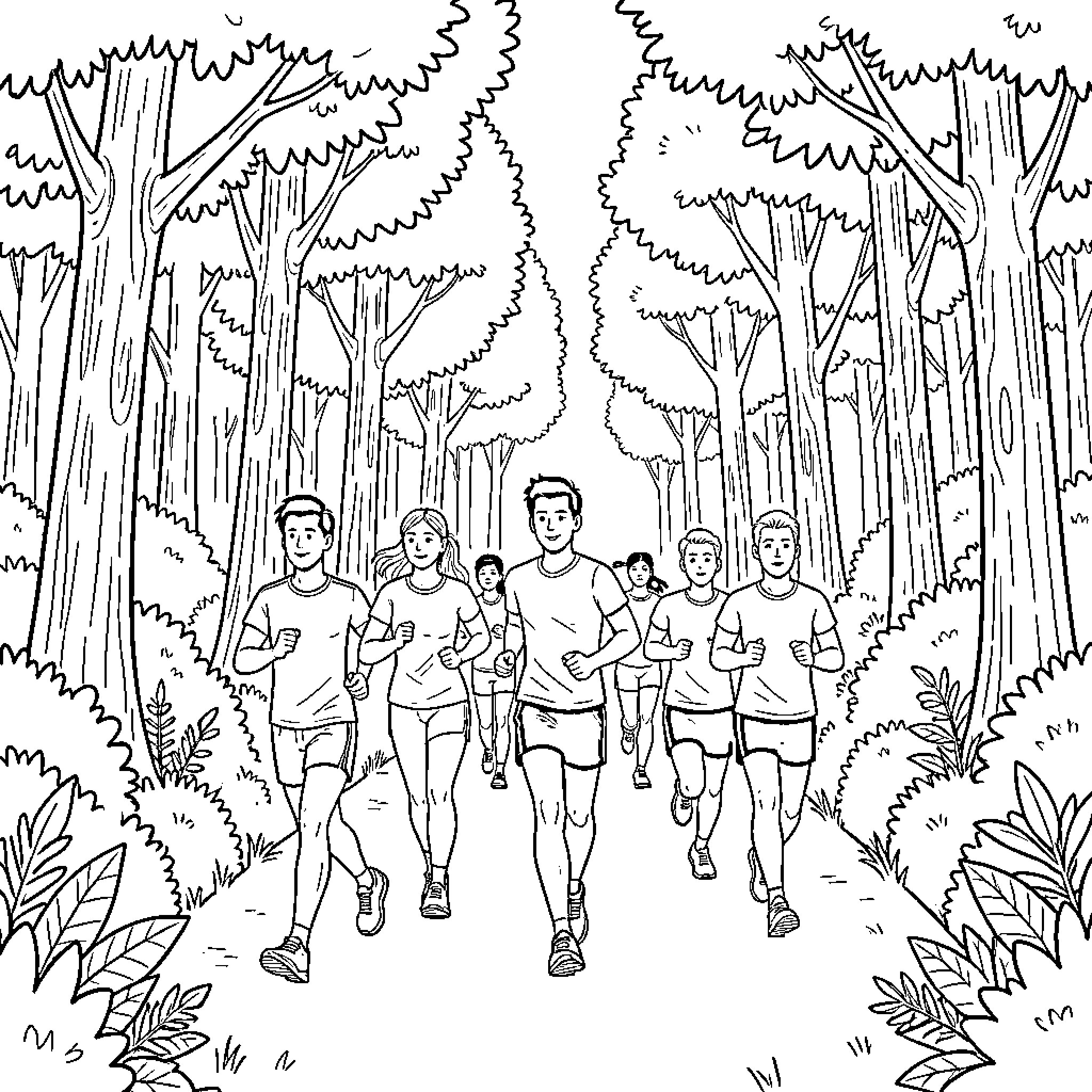 Runner group jogging through a dense forest path Coloring Page (free black-and-white line drawing printable PDF for all, from beginners to advanced learners, including children, teens, adults, and seniors)