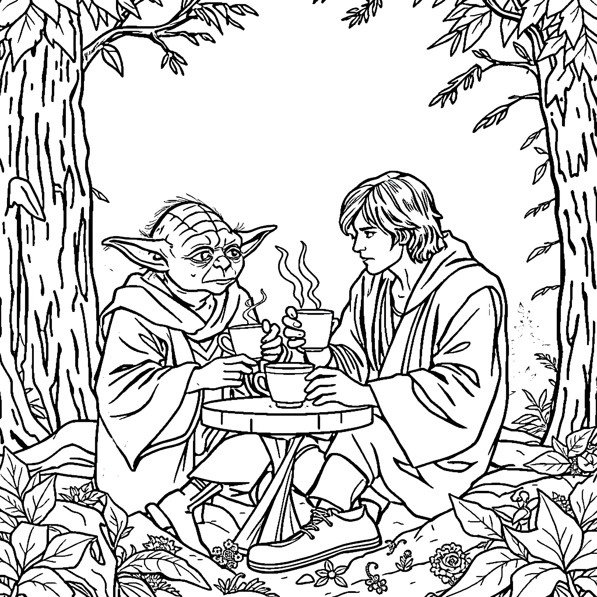 Luke Skywalker and Yoda discussing Jedi teachings in the forest Coloring Page (free black-and-white line drawing printable PDF for all, from beginners to advanced learners, including children, teens, adults, and seniors)