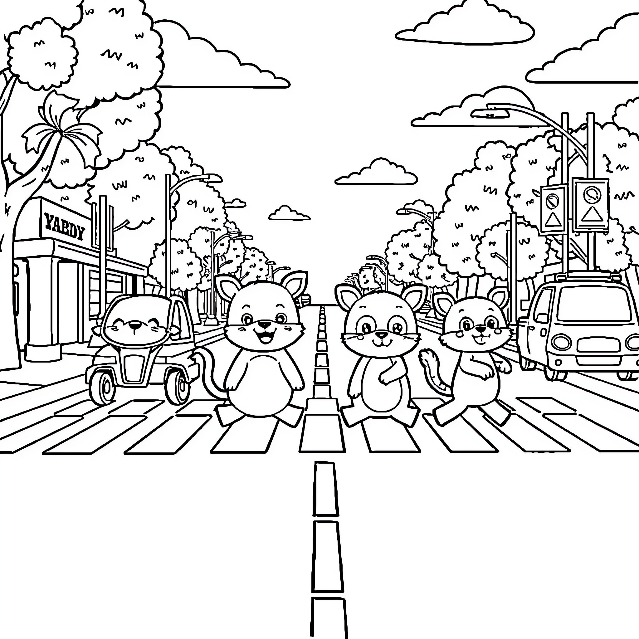 Animal friends crossing the street Coloring Page (free black-and-white line drawing printable PDF for all, from beginners to advanced learners, including children, teens, adults, and seniors)