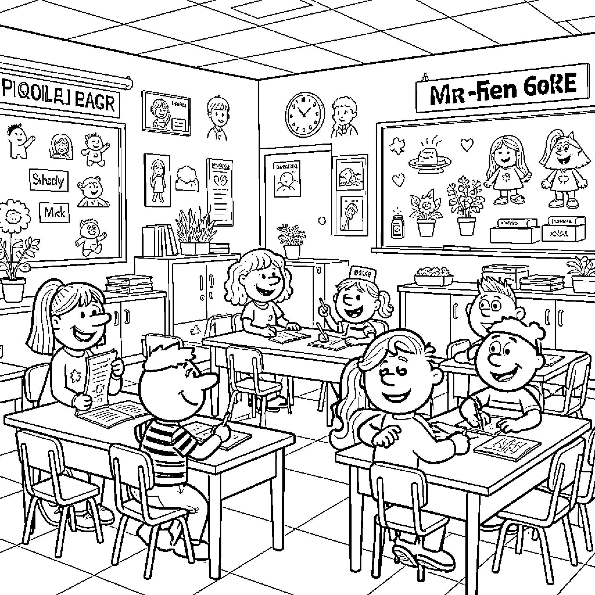 Mr Men Little Miss characters studying in a classroom Coloring Page (free black-and-white line drawing printable PDF for all, from beginners to advanced learners, including children, teens, adults, and seniors)