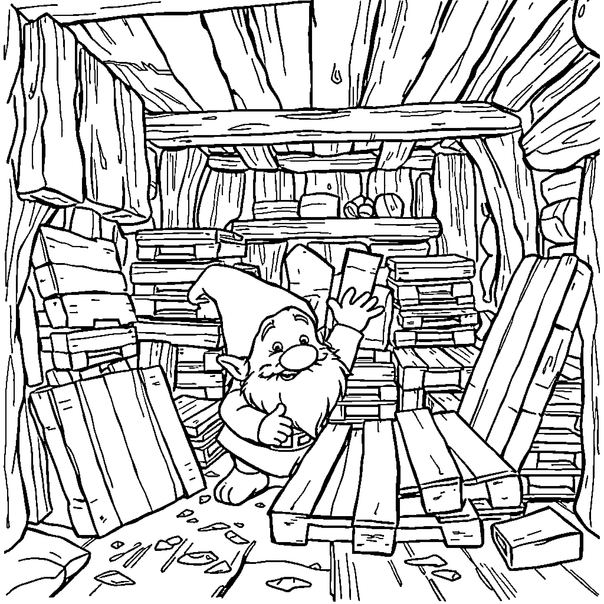 Dwarf Discovering Treasures in Cluttered Abode Coloring Page (free black-and-white line drawing printable PDF for all, from beginners to advanced learners, including children, teens, adults, and seniors)