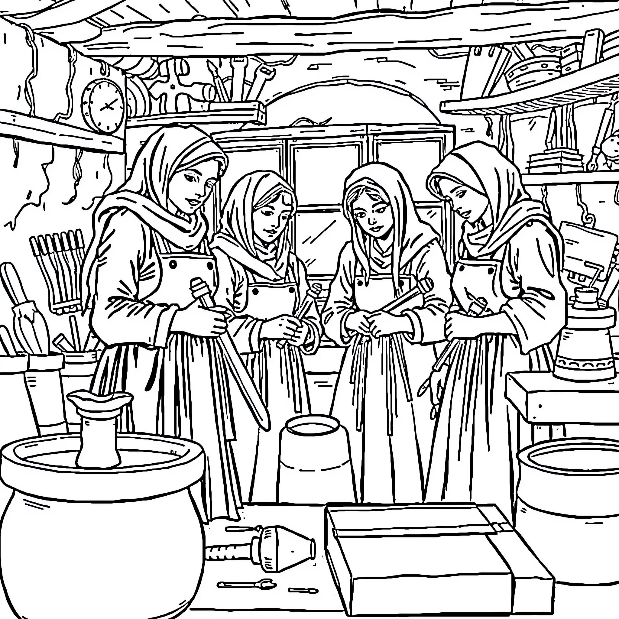 Hero women working together in the kitchen Coloring Page (free black-and-white line drawing printable PDF for all, from beginners to advanced learners, including children, teens, adults, and seniors)