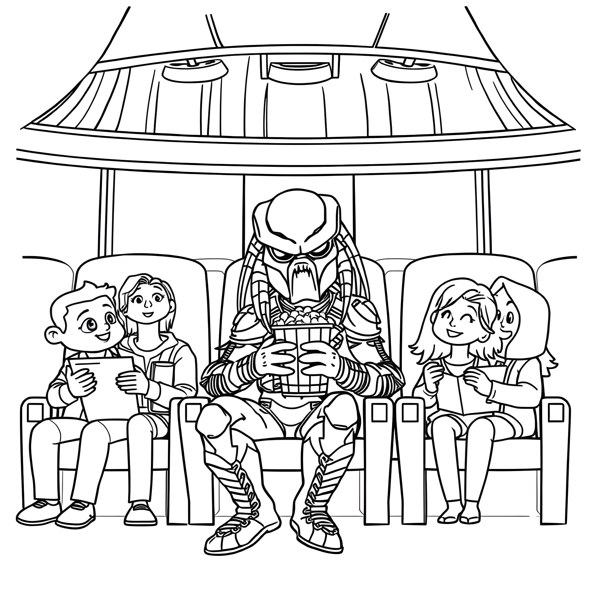 Predator watching over passengers on a spaceship Coloring Page (free black-and-white line drawing printable PDF for all, from beginners to advanced learners, including children, teens, adults, and seniors)