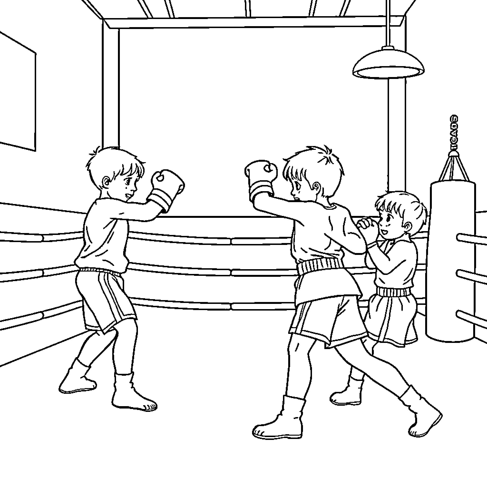 Child Boxers Training in a Boxing Gym Coloring Page (free black-and-white line drawing printable PDF for all, from beginners to advanced learners, including children, teens, adults, and seniors)