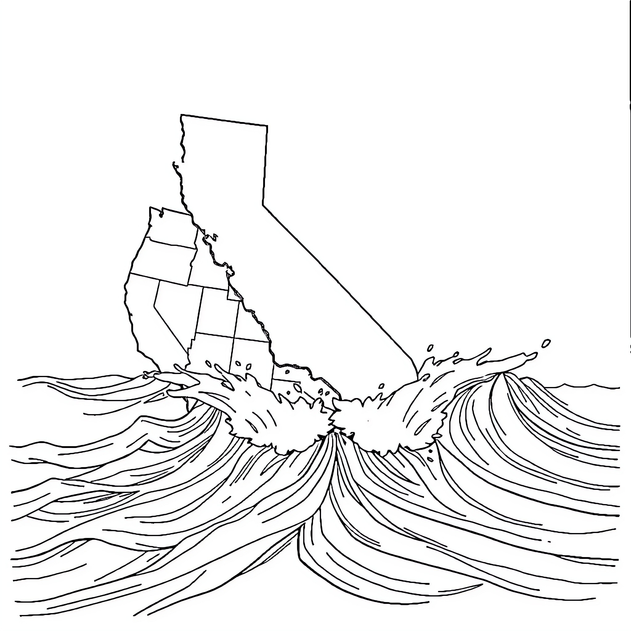 California Coastline Waves and Geography Coloring Page (free black-and-white line drawing printable PDF for all, from beginners to advanced learners, including children, teens, adults, and seniors)