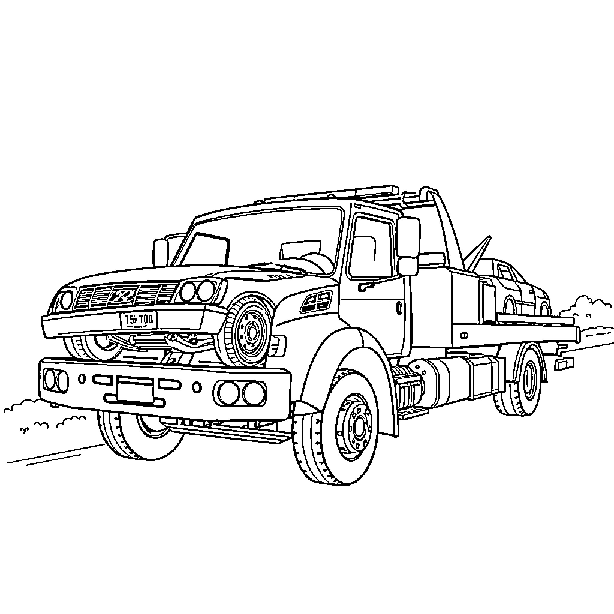 Truck Towing a Vehicle on the Road Coloring Page (free black-and-white line drawing printable PDF for all, from beginners to advanced learners, including children, teens, adults, and seniors)