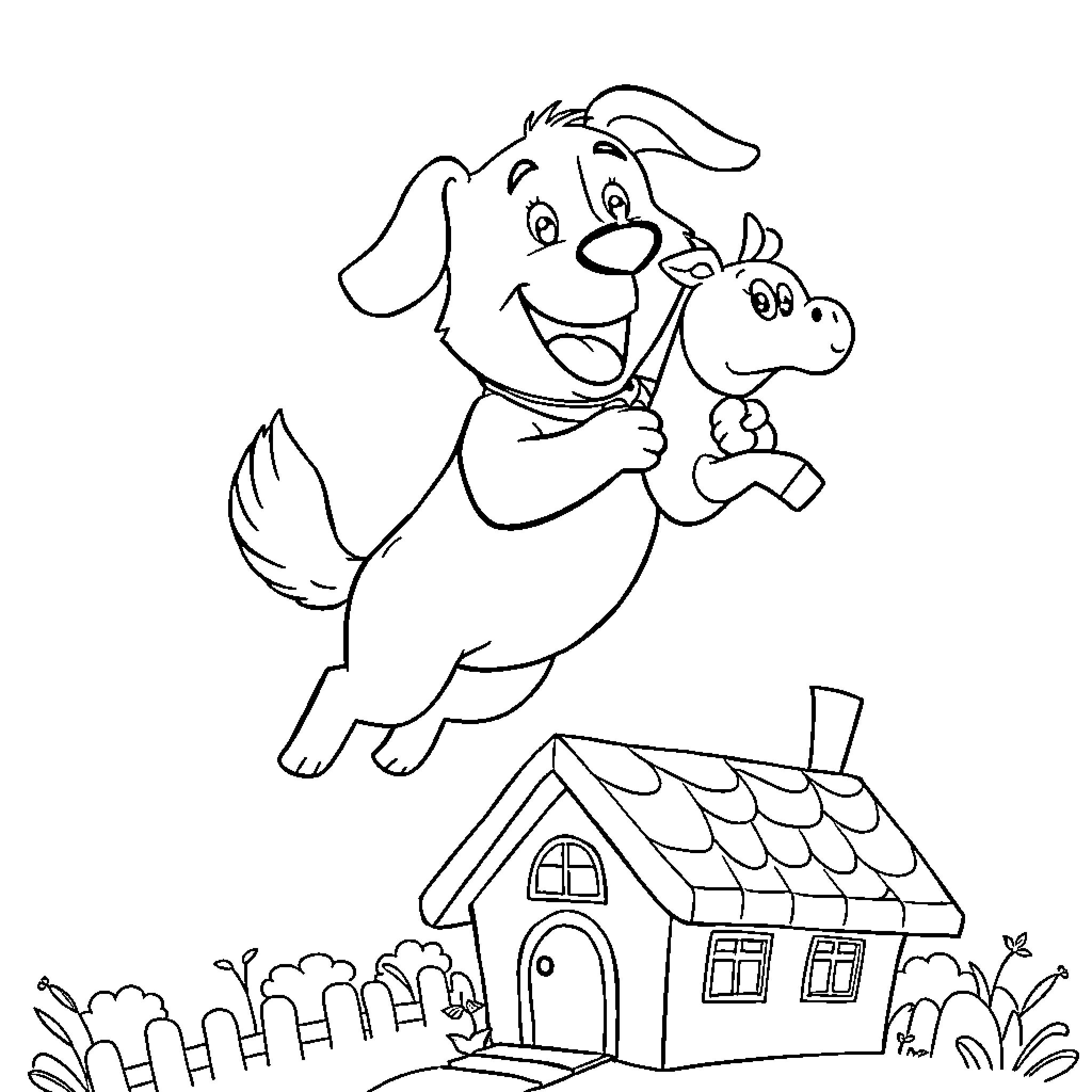 Dog enjoying a playful day with a friend Coloring Page (free black-and-white line drawing printable PDF for all, from beginners to advanced learners, including children, teens, adults, and seniors)