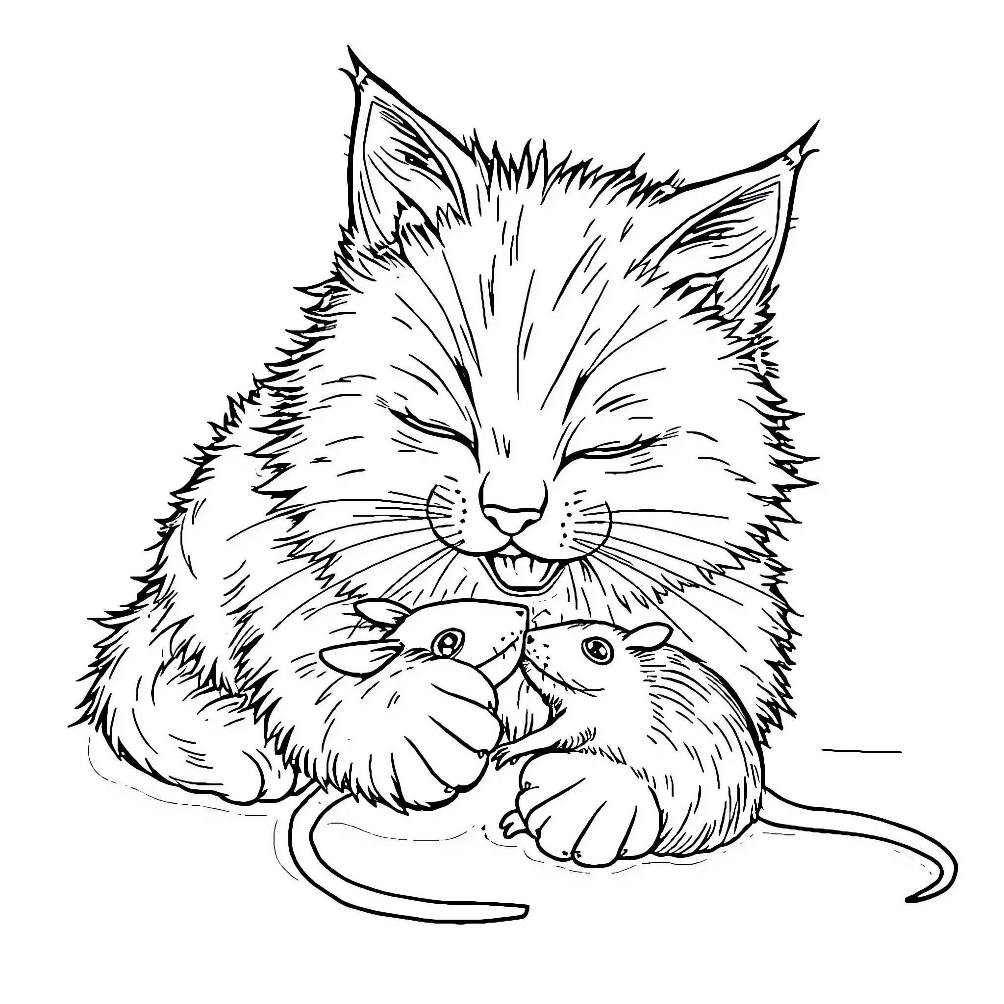 Cat snuggling with playful mice Coloring Page (free black-and-white line drawing printable PDF for all, from beginners to advanced learners, including children, teens, adults, and seniors)