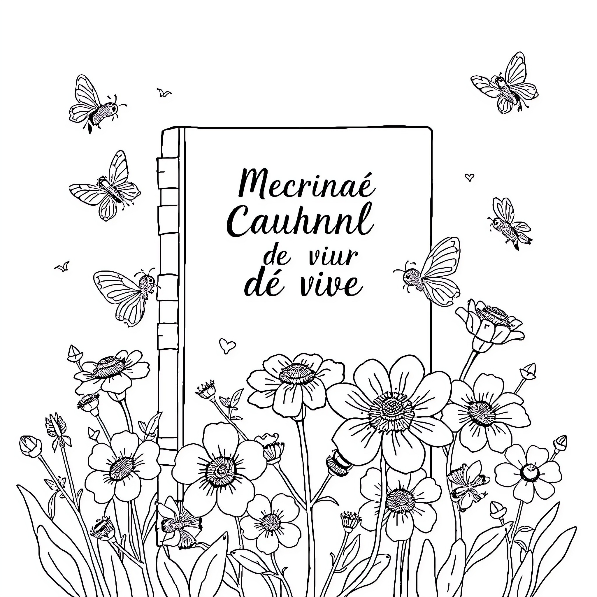 Bee Surrounded by Flowers and Butterflies Coloring Page (free black-and-white line drawing printable PDF for all, from beginners to advanced learners, including children, teens, adults, and seniors)