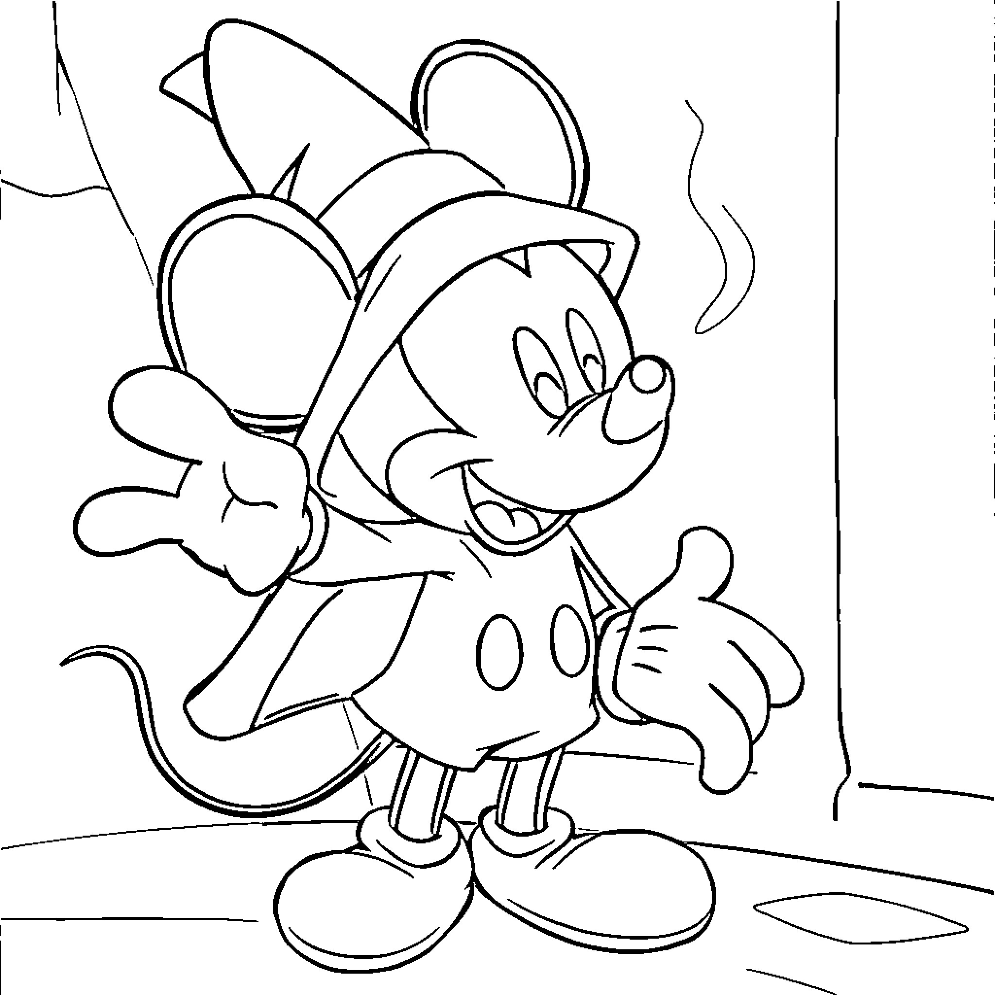 Mickey Mouse in a Whimsical Pose Coloring Page (free black-and-white line drawing printable PDF for all, from beginners to advanced learners, including children, teens, adults, and seniors)