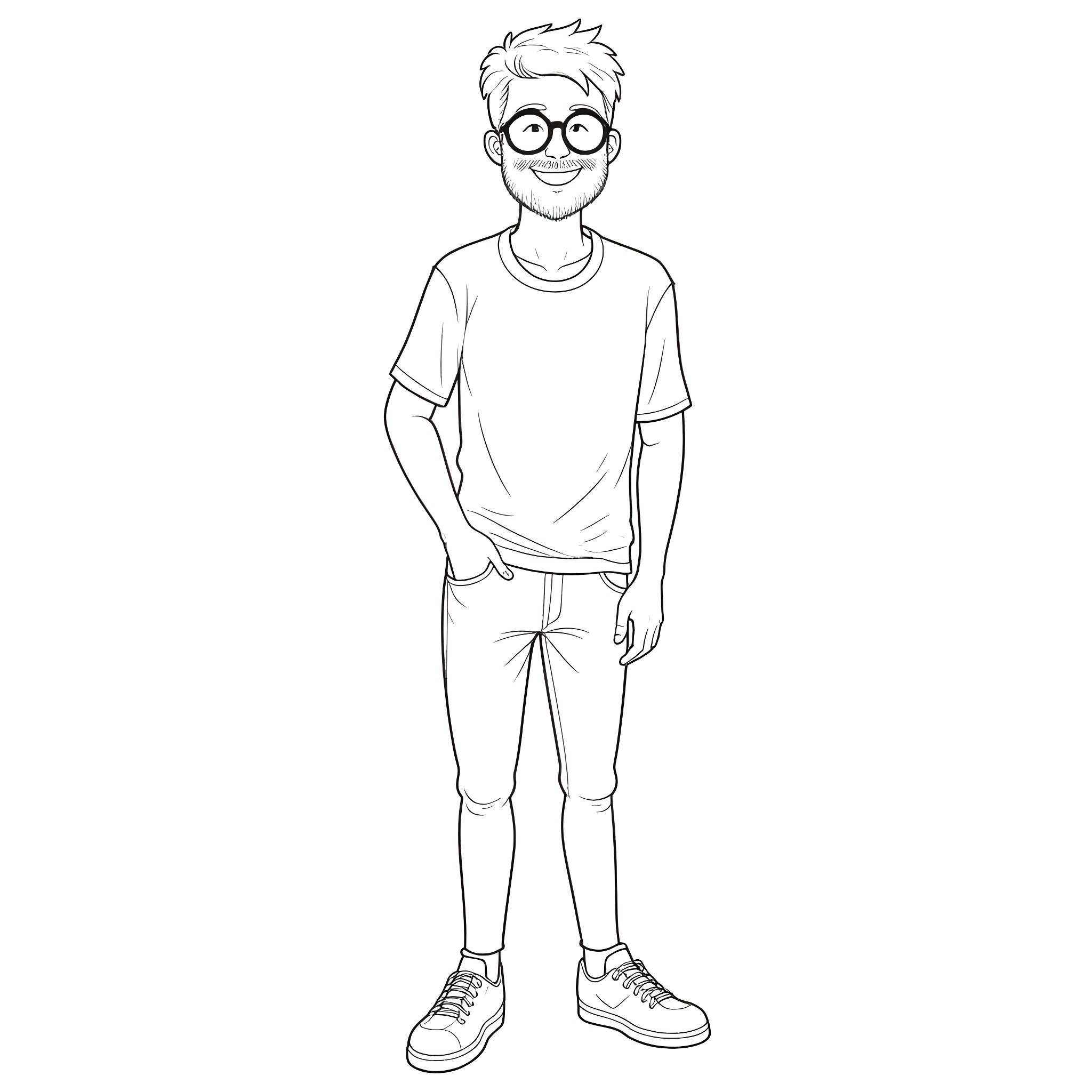 Man in casual outfit with glasses Coloring Page (free black-and-white line drawing printable PDF for all, from beginners to advanced learners, including children, teens, adults, and seniors)