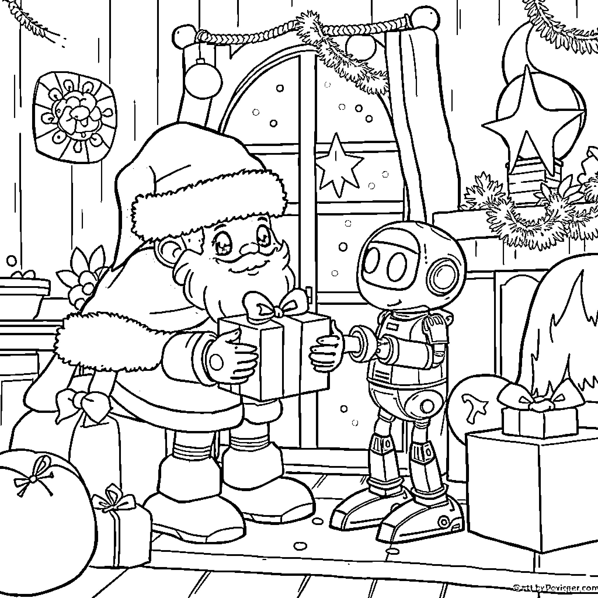 Robot Santa Claus and his robot helper decorate for the holidays Coloring Page (free black-and-white line drawing printable PDF for all, from beginners to advanced learners, including children, teens, adults, and seniors)