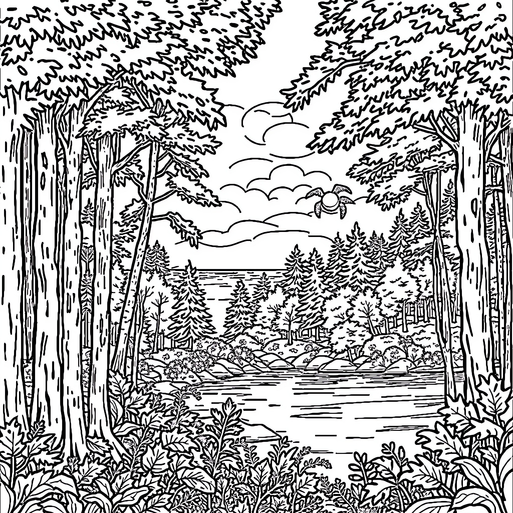 Forest and Sea Landscape with Clouds and Nature Coloring Page (free black-and-white line drawing printable PDF for all, from beginners to advanced learners, including children, teens, adults, and seniors)