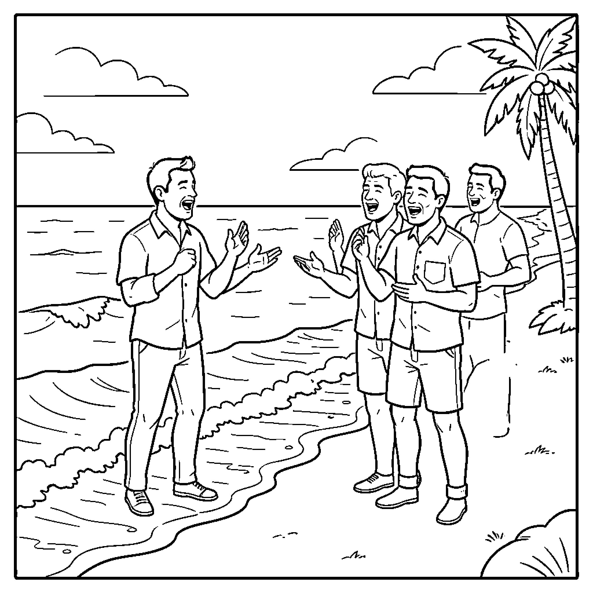 Man conversing with friends on a tropical beach Coloring Page (free black-and-white line drawing printable PDF for all, from beginners to advanced learners, including children, teens, adults, and seniors)