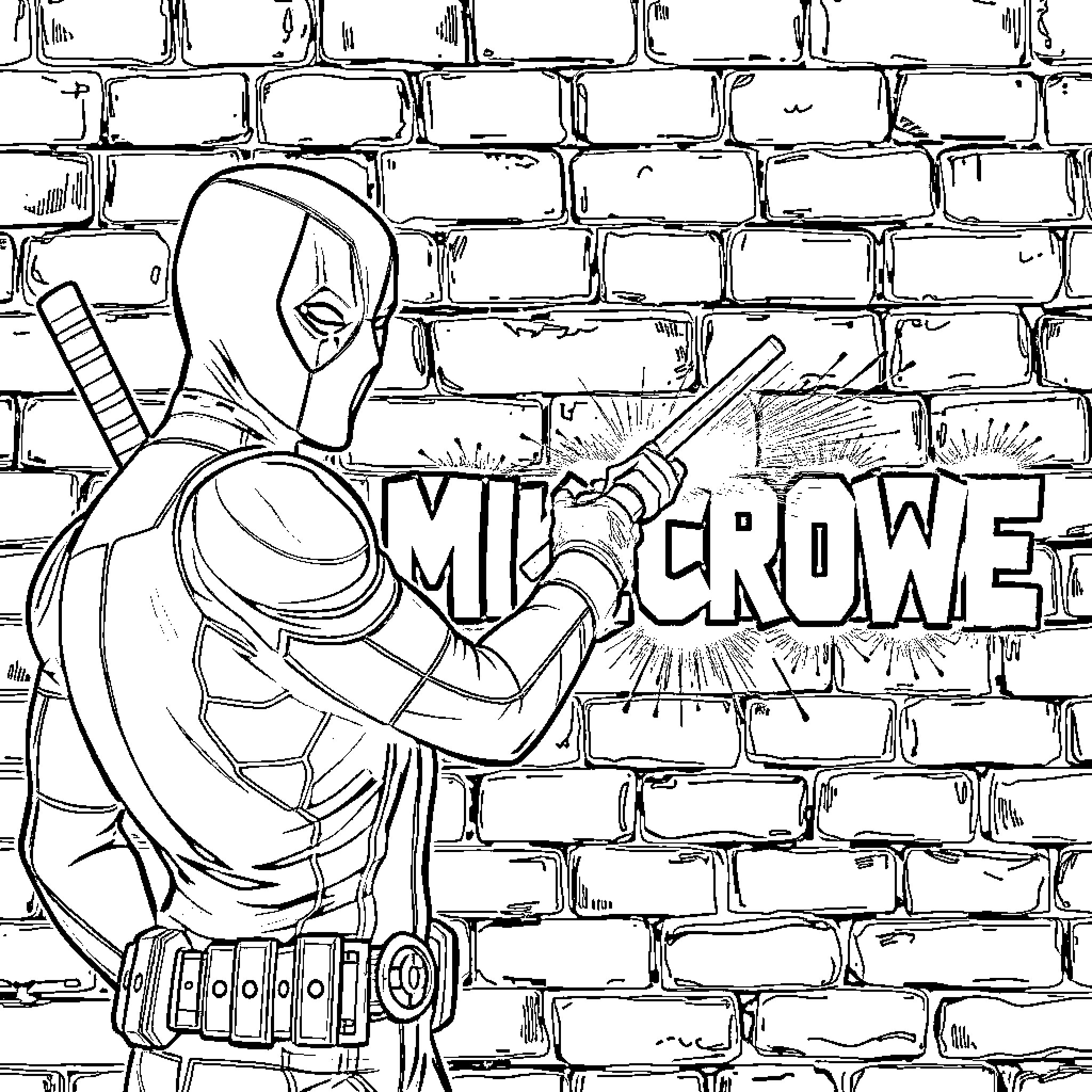 Deadpool vandalizing the wall with graffiti Coloring Page (free black-and-white line drawing printable PDF for all, from beginners to advanced learners, including children, teens, adults, and seniors)