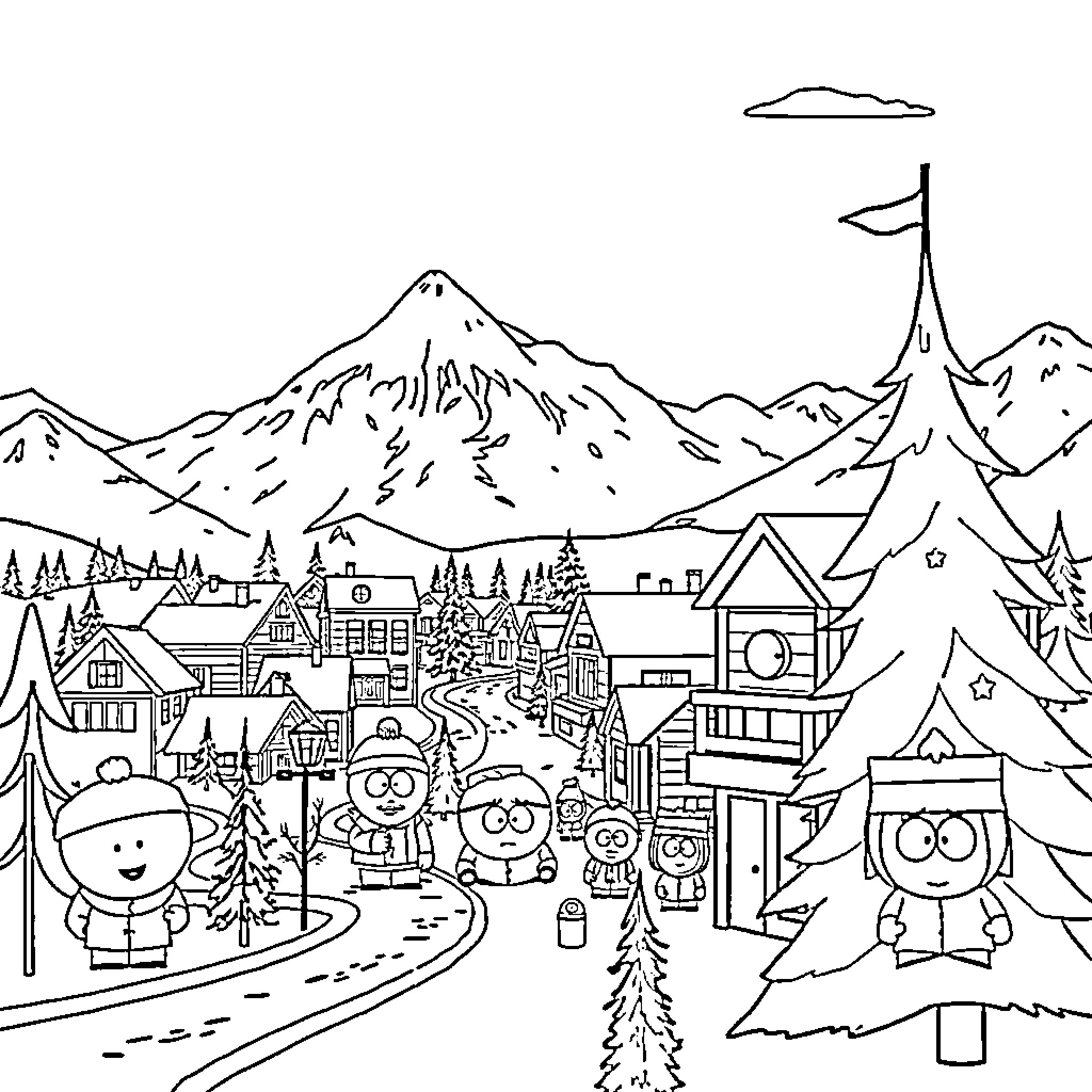 South Park's Wintry Mountain Adventure Coloring Page (free black-and-white line drawing printable PDF for all, from beginners to advanced learners, including children, teens, adults, and seniors)
