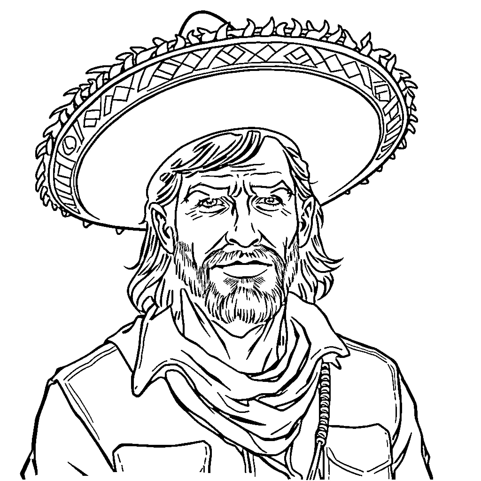 Bucky Barnes in Rugged Cowboy-Style Outfit Coloring Page (free black-and-white line drawing printable PDF for all, from beginners to advanced learners, including children, teens, adults, and seniors)