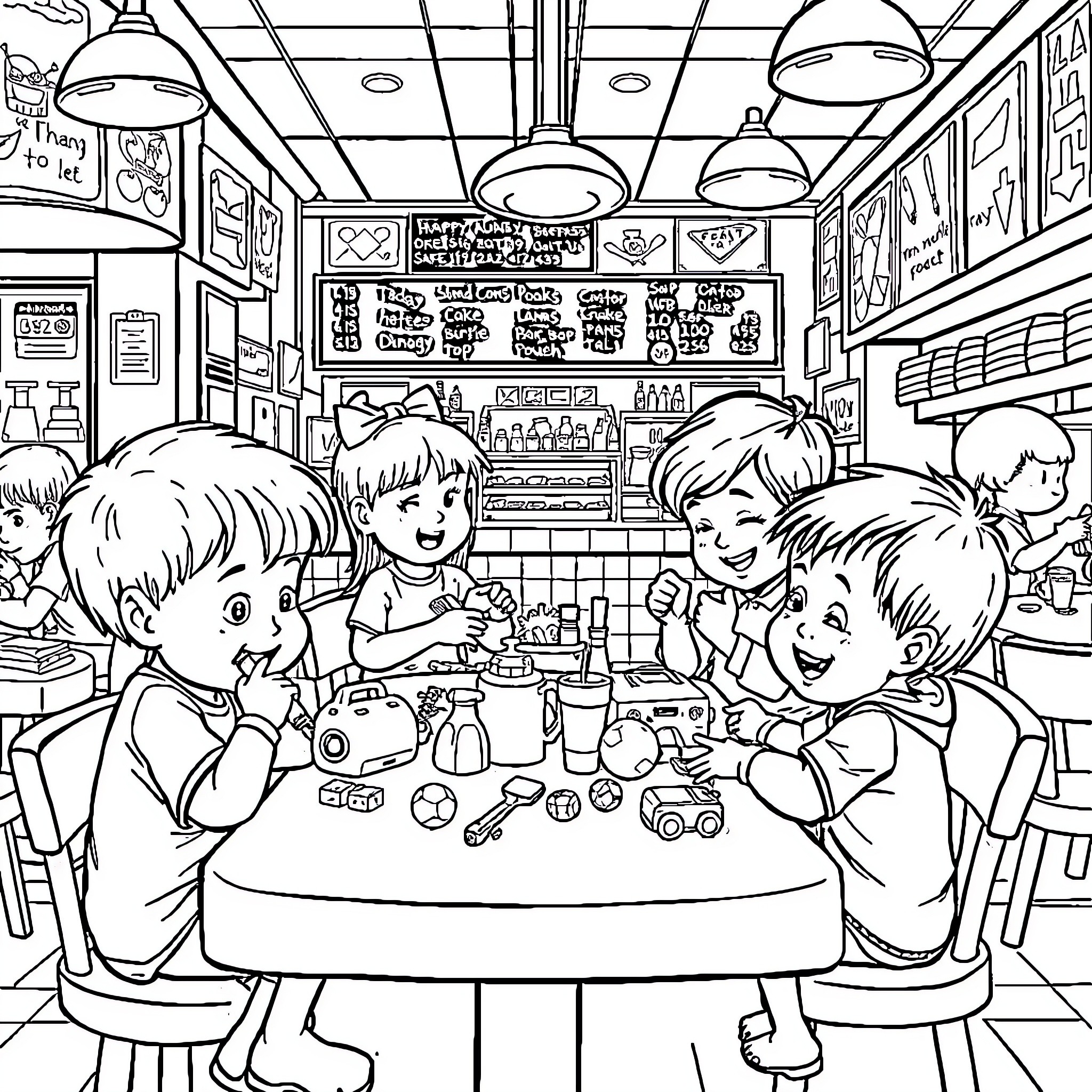 Kid's Lunchtime in a Cozy Diner Coloring Page (free black-and-white line drawing printable PDF for all, from beginners to advanced learners, including children, teens, adults, and seniors)