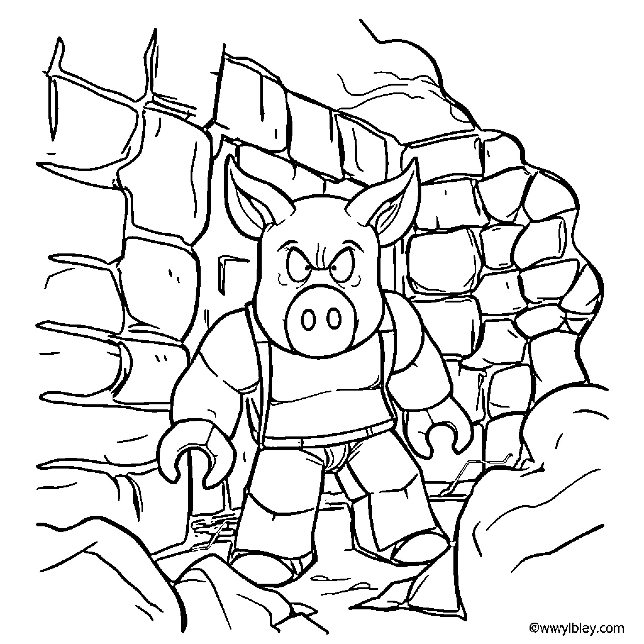 Piggy exploring rocky cave environment Coloring Page (free black-and-white line drawing printable PDF for all, from beginners to advanced learners, including children, teens, adults, and seniors)