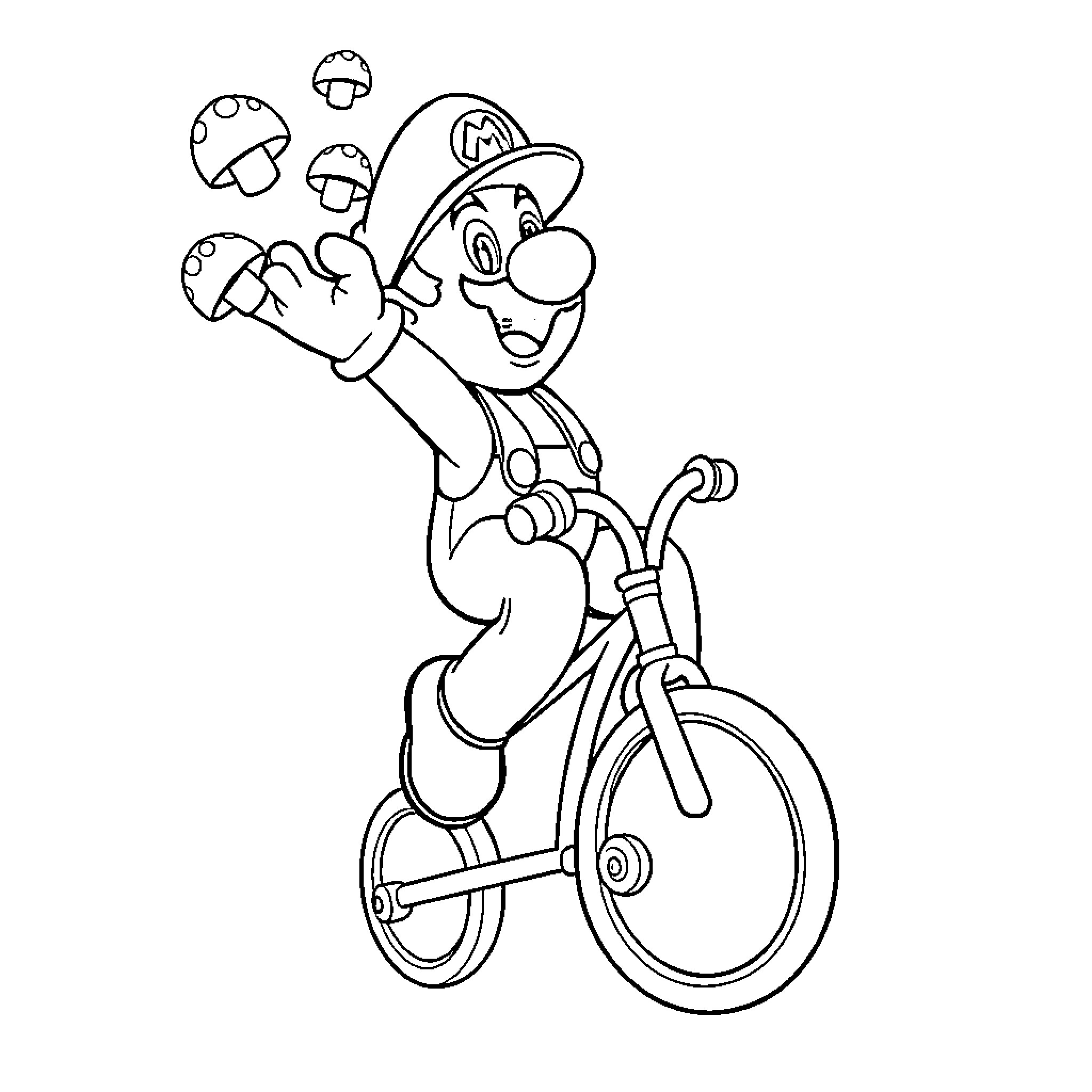 Mario riding a bicycle with mushrooms Coloring Page (free black-and-white line drawing printable PDF for all, from beginners to advanced learners, including children, teens, adults, and seniors)