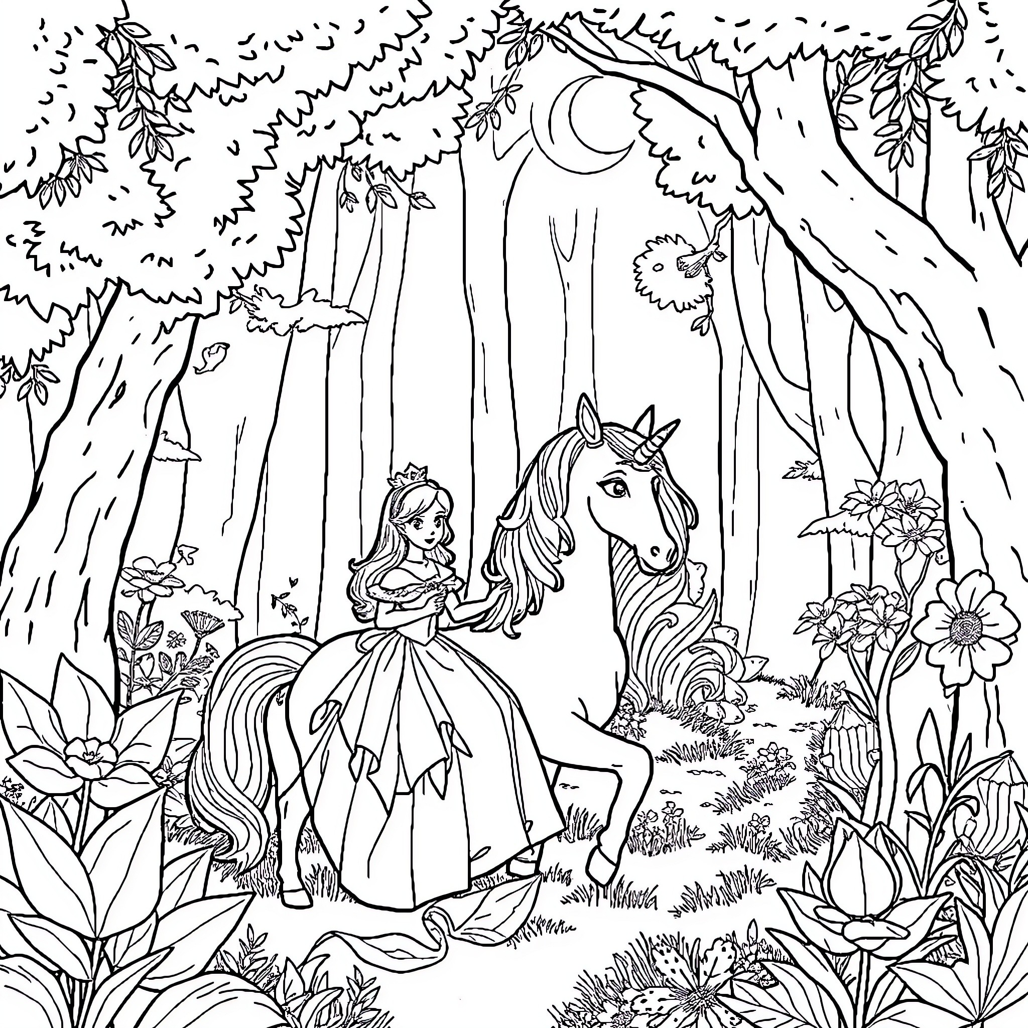 Princess Strolling with Majestic Unicorn in Enchanted Forest Coloring Page (free black-and-white line drawing printable PDF for all, from beginners to advanced learners, including children, teens, adults, and seniors)