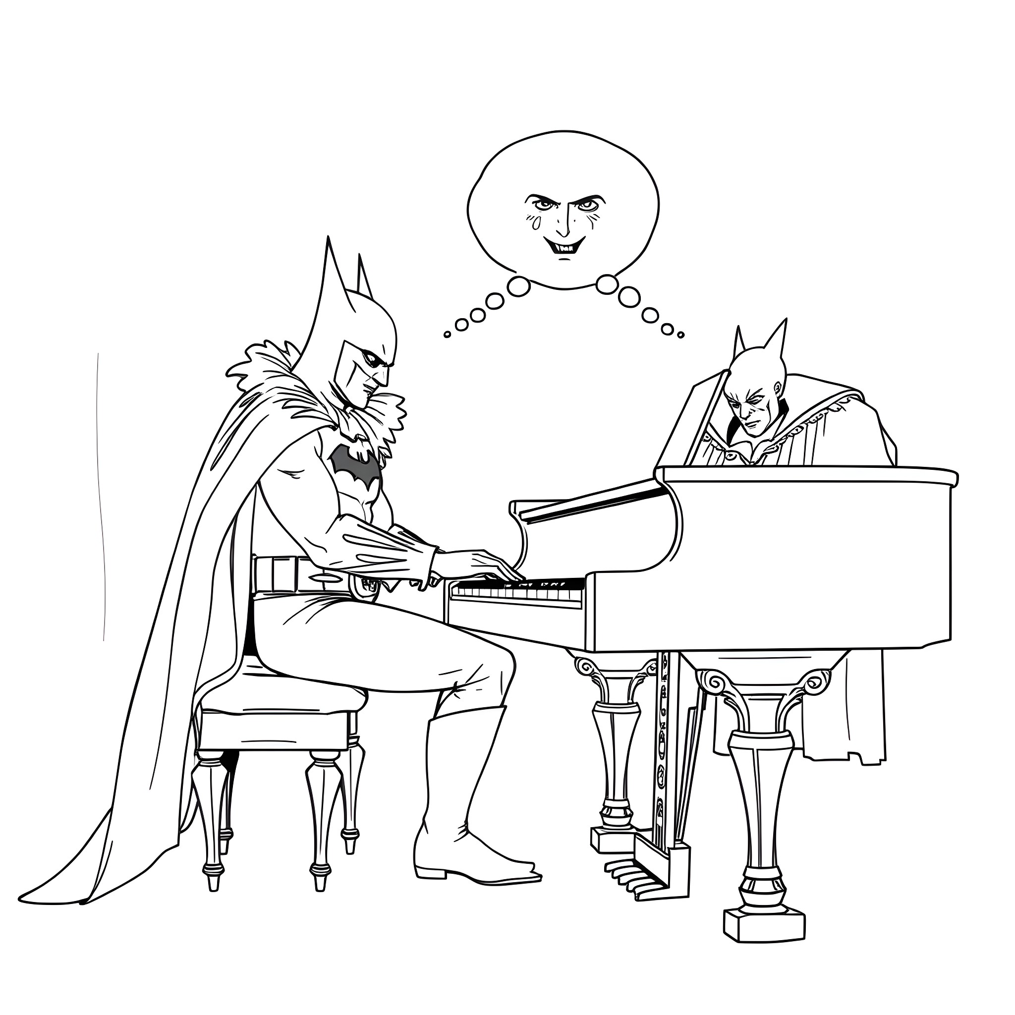 Batman playing piano with Joker watching Coloring Page (free black-and-white line drawing printable PDF for all, from beginners to advanced learners, including children, teens, adults, and seniors)