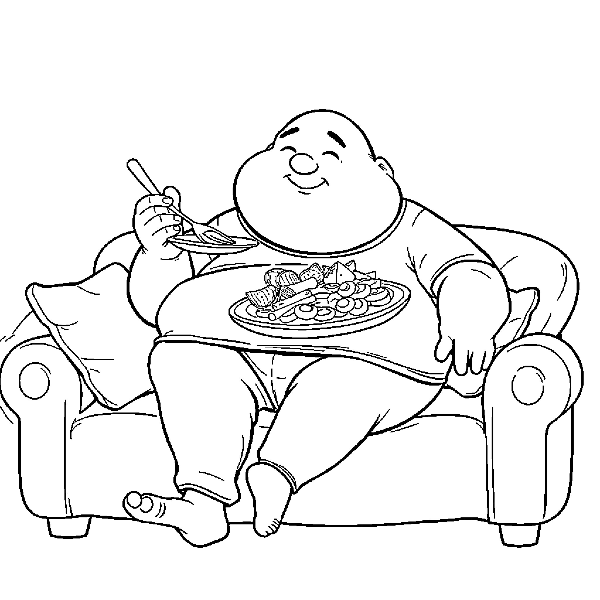Person enjoying a hearty meal in a cozy chair Coloring Page (free black-and-white line drawing printable PDF for all, from beginners to advanced learners, including children, teens, adults, and seniors)